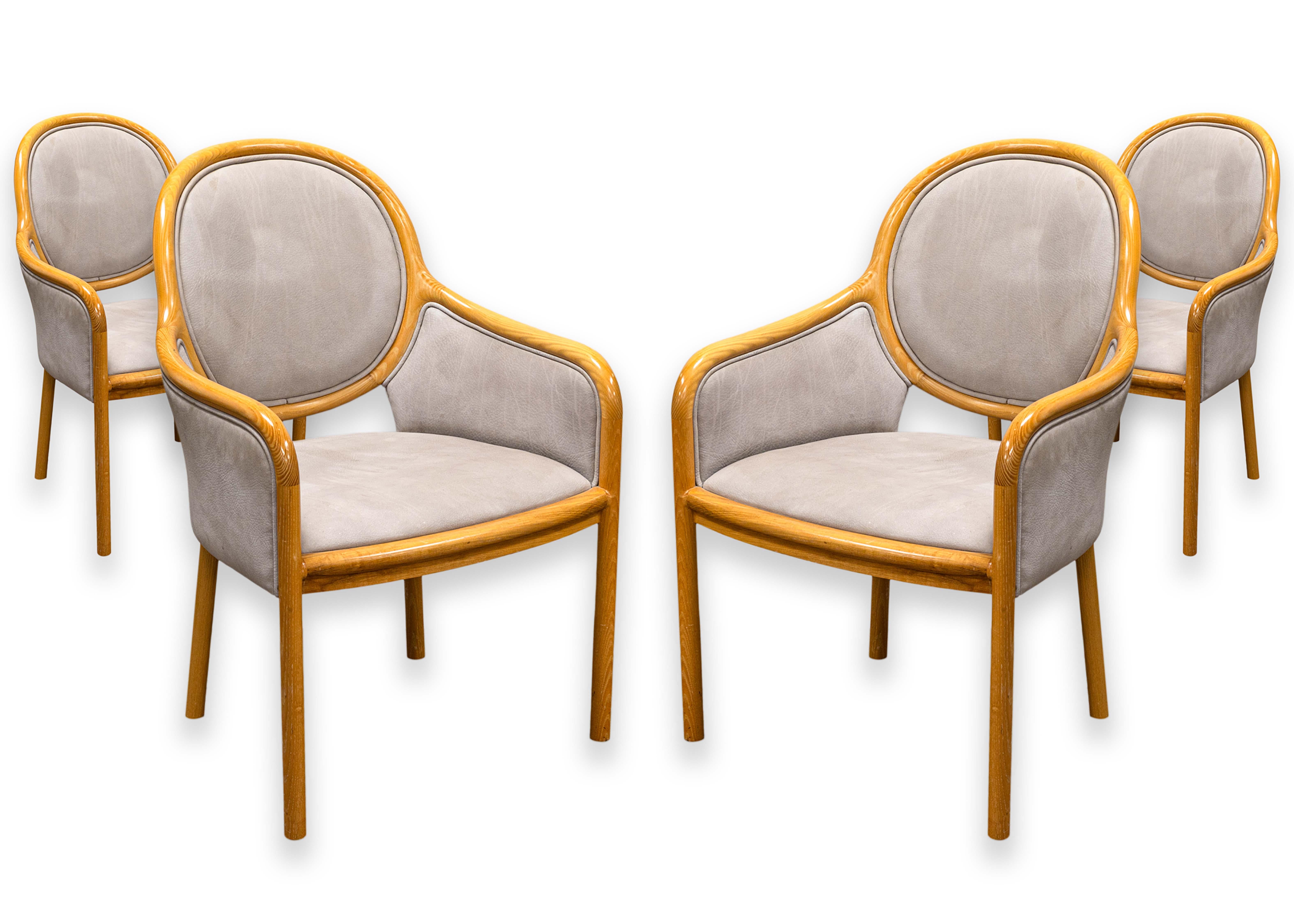 Set of 4 Ward Bennett for Brickel Associates 1980s Wood & Leather Dining Chairs For Sale 6