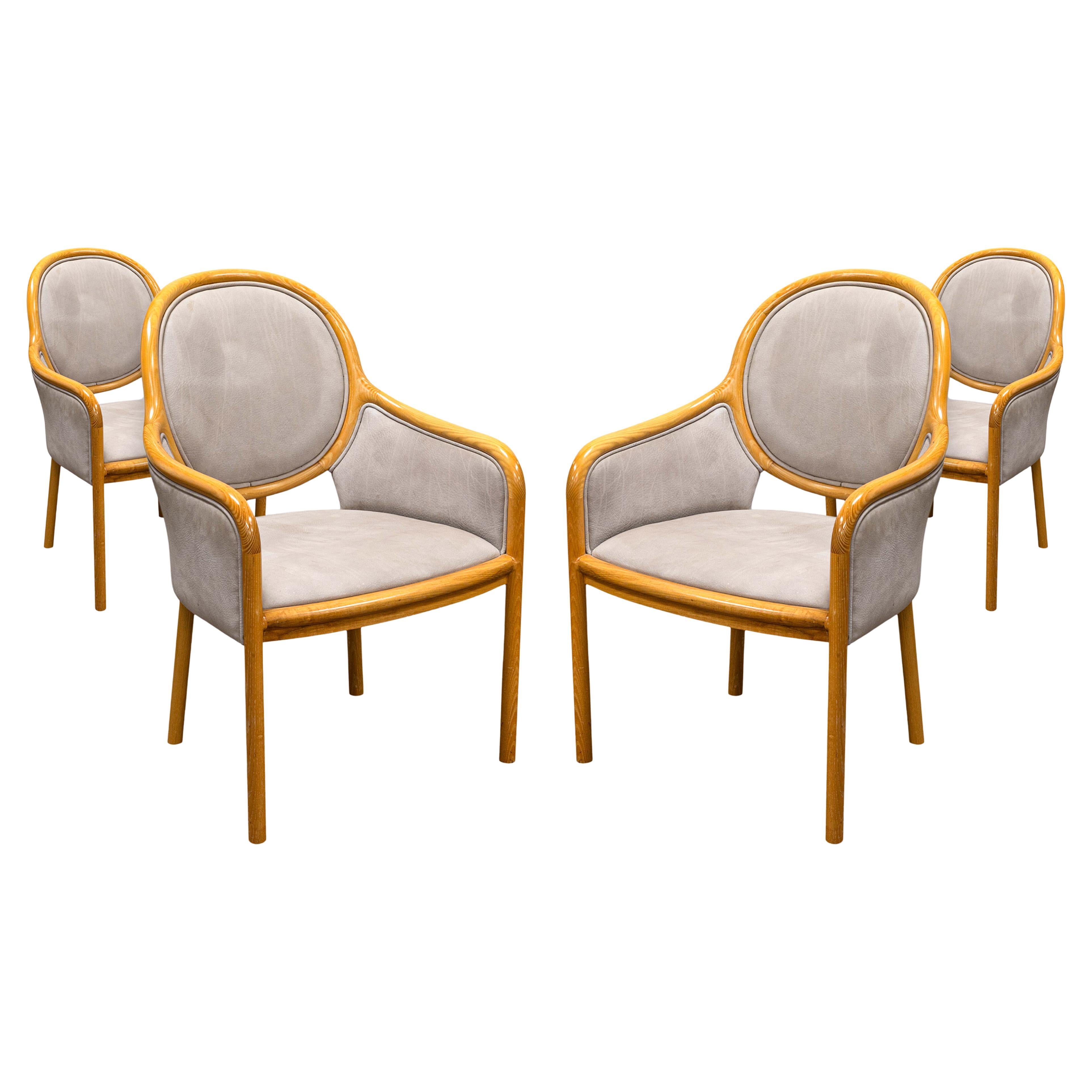 Set of 4 Ward Bennett for Brickel Associates 1980s Wood & Leather Dining Chairs