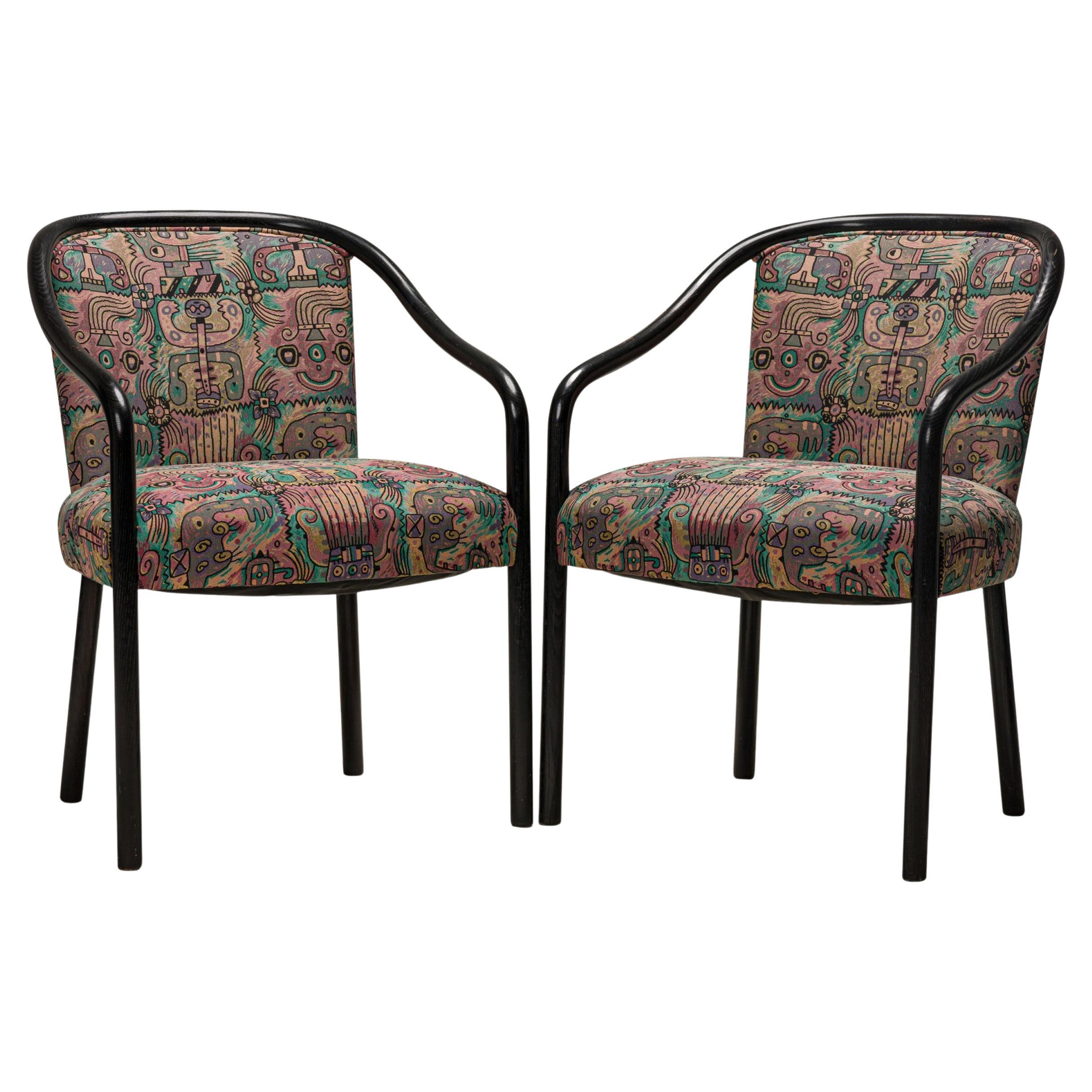 Juego de 4 sillones de comedor Ward Bennett de fresno curvado al vapor tapizados multicolor