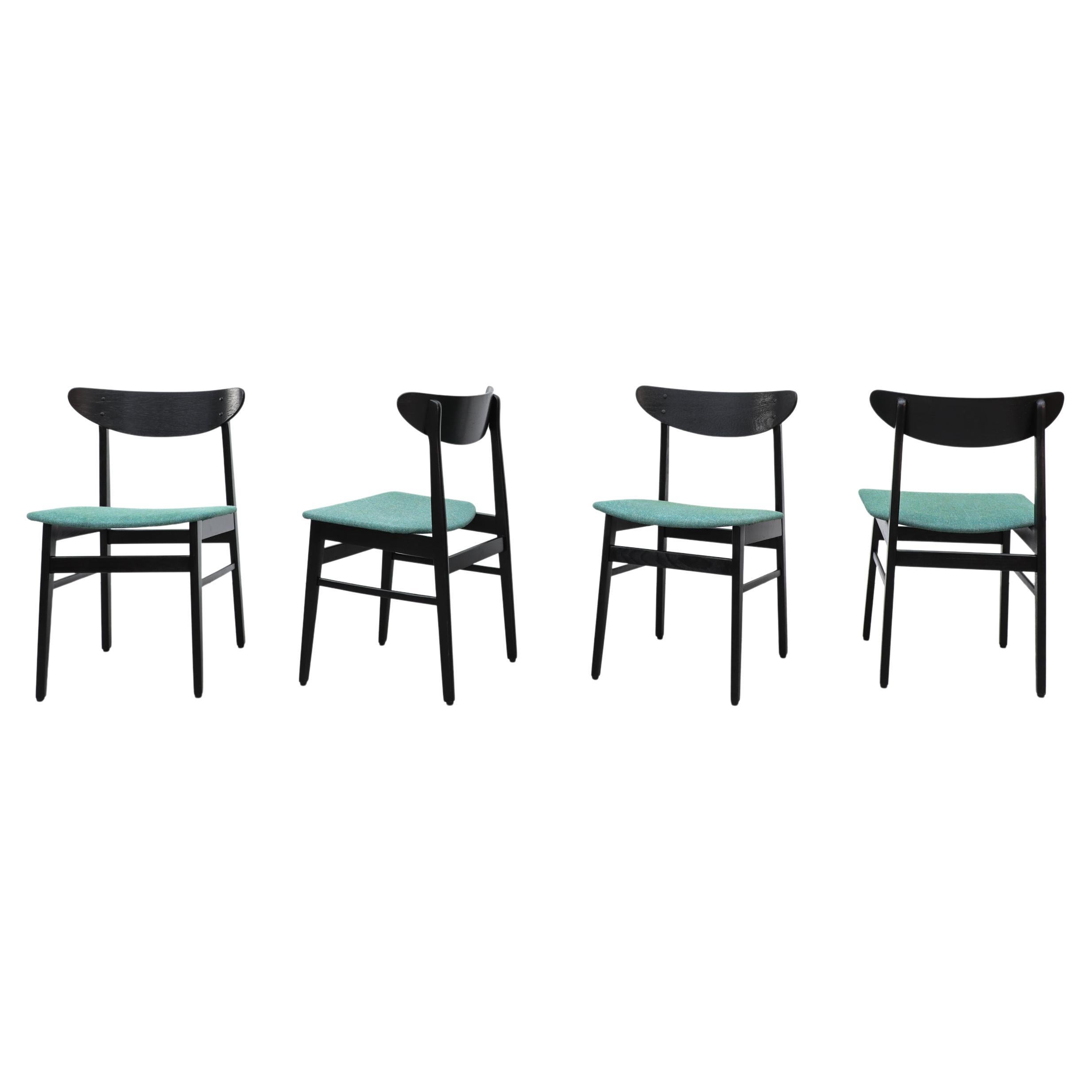 Set of 4 Wegner Style Black Lacquered Dining Chairs by Farstrup with Green Seats For Sale