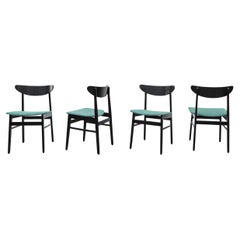 Vintage Set of 4 Wegner Style Black Lacquered Dining Chairs by Farstrup with Green Seats