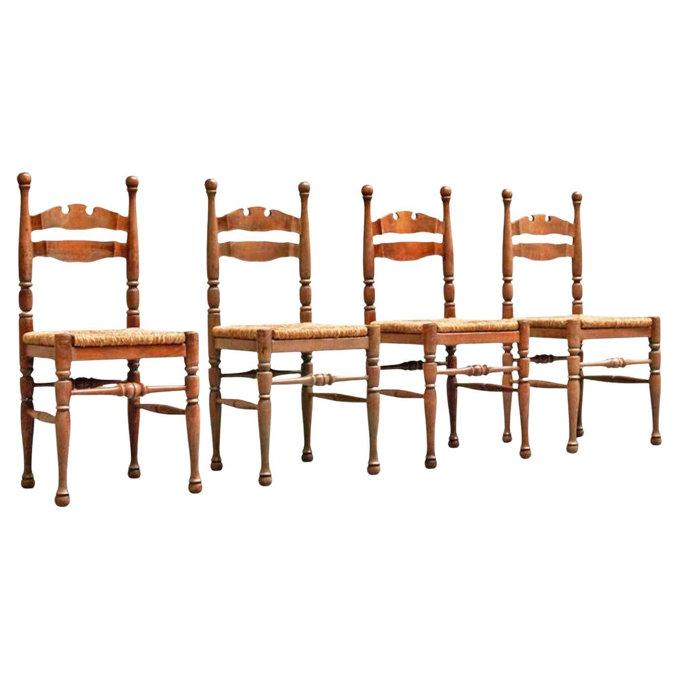 Set of 4 Whimsical Chairs in Oak and Rush 1950s