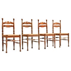 Set of 4 Whimsical Chairs in Oak and Rush 1950s