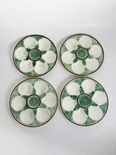Set of 4 White and Green Oyster Plates, France, 1920s