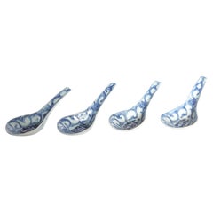 Set of 4 White & Blue Chinese Ceramic / Porcelain Spoons, Double Happiness