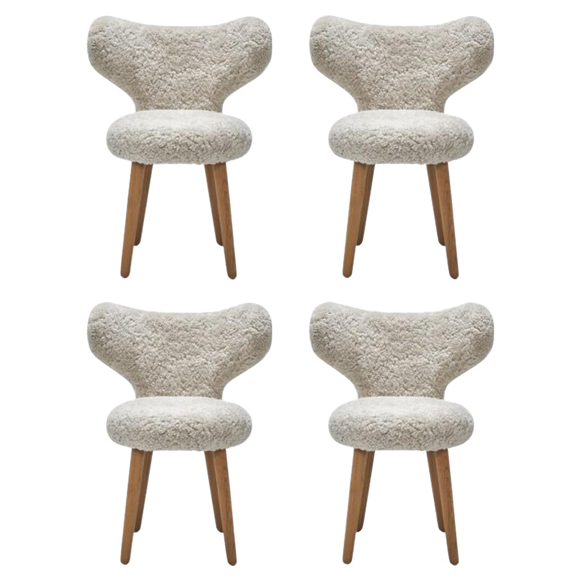 Set of 4 White Dining WNG Chairs in Oak and Sheepskin Upholstery by Mazo Design