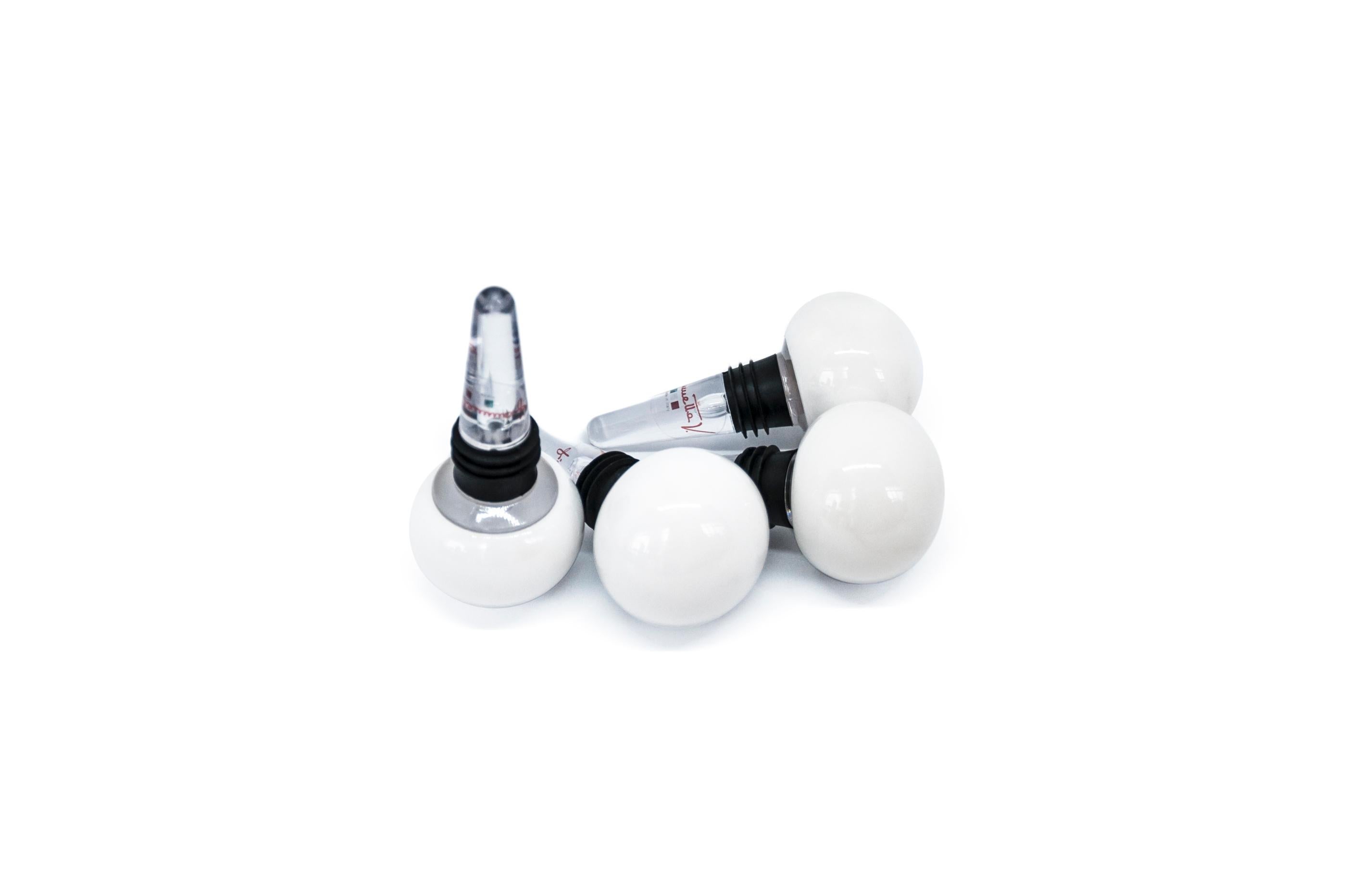 Hand-Crafted Handmade Set of 4 White Carrara Marble and Plexiglass Champagne Bottle Stoppers For Sale