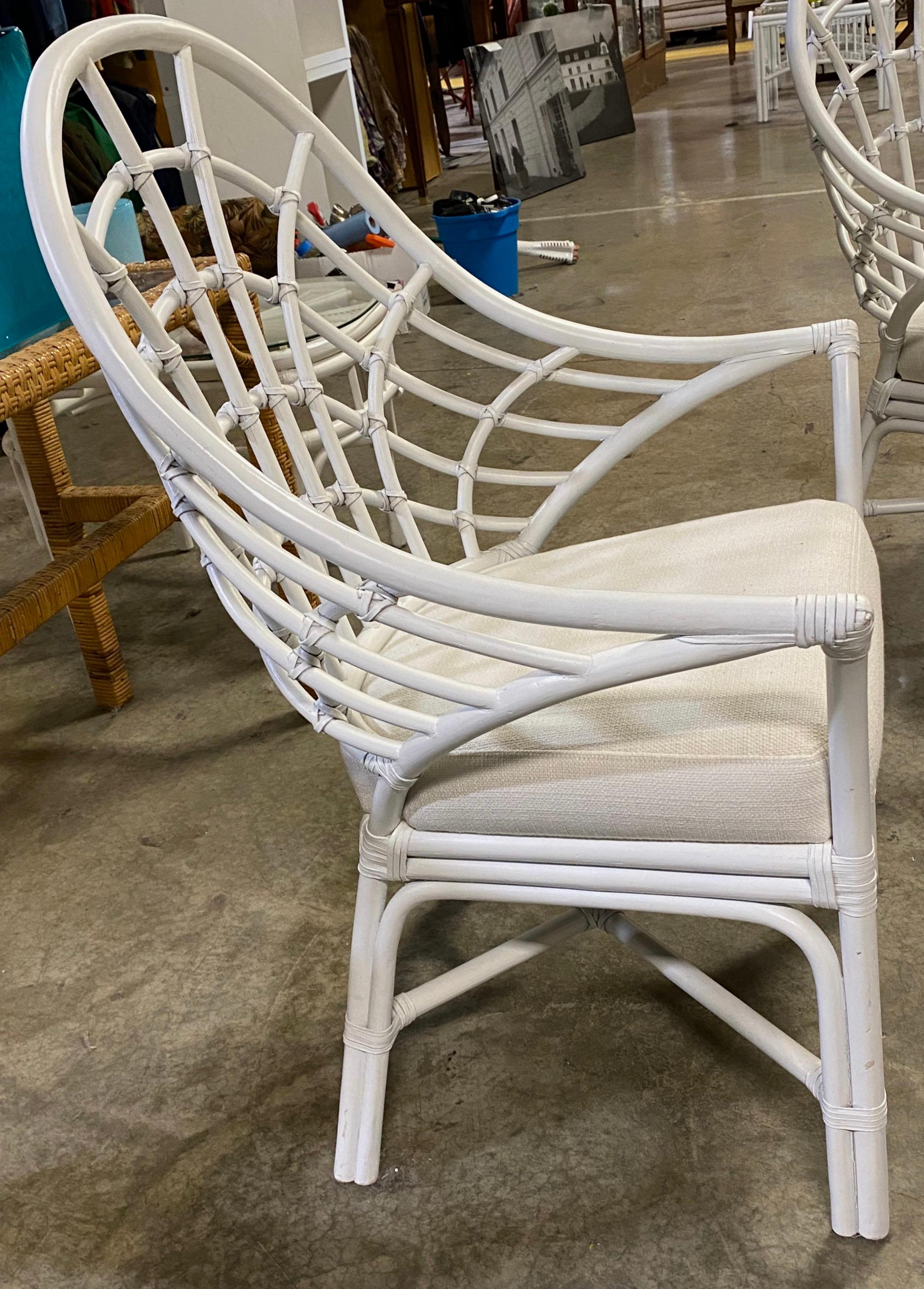 Hand-Crafted Set of 4 White Rattan Pencil Reed Fan Back Dining Chairs For Sale