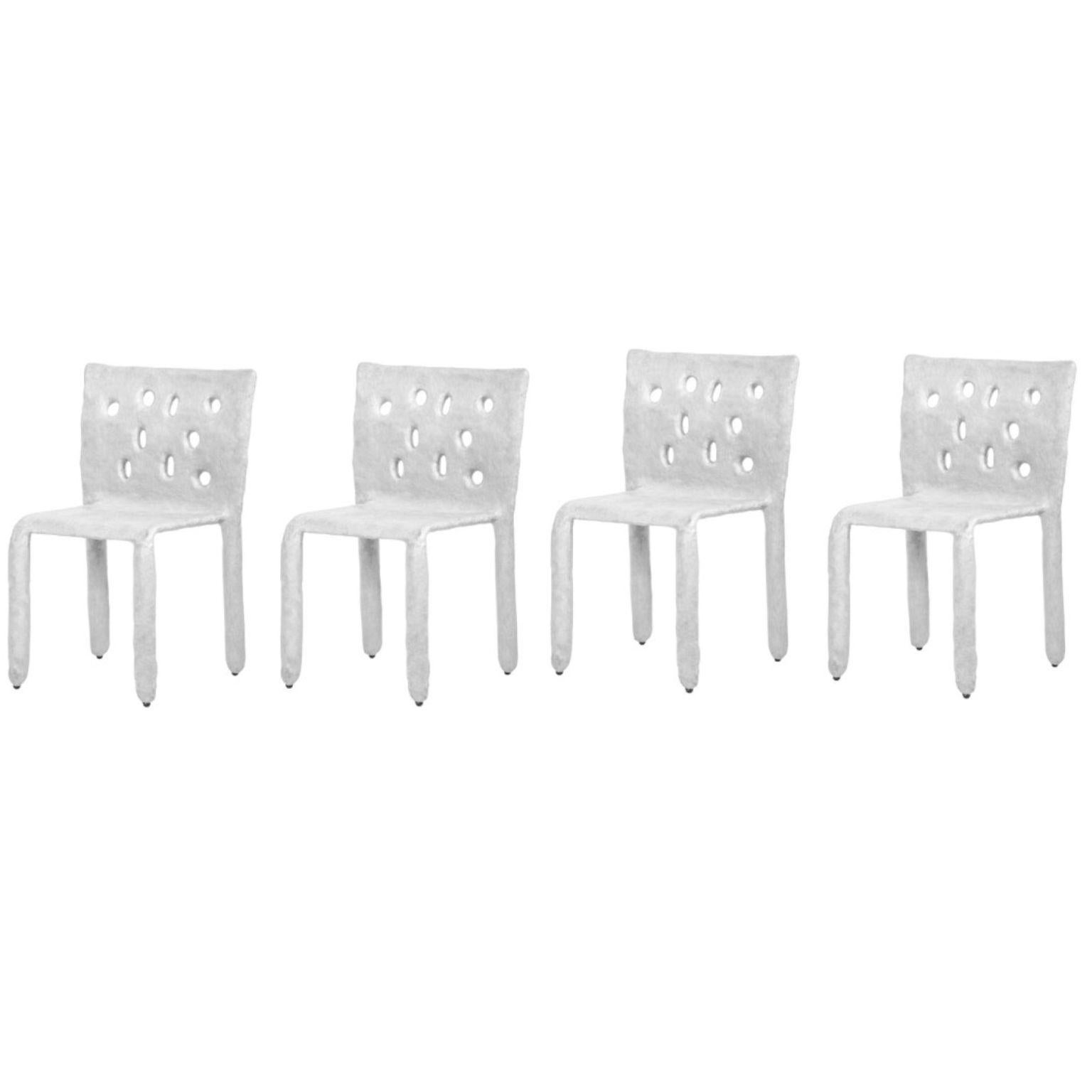 Set of 4 White Sculpted Contemporary Chairs by FAINA
Design: Victoriya Yakusha
Material: steel, flax rubber, biopolymer, cellulose
Dimensions: Height 82 x width 54 x legs depth 45 cm
 Weight: 15 kilos.

Made in the style of ethnic minimalism,