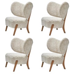 Set of 4 White TMBO Lounge Chairs in Moonlight Sheepskin by Mazo Design