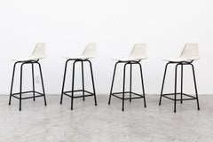 Set of Four White Rattan Charlotte Perriand Style Counter Height Stools