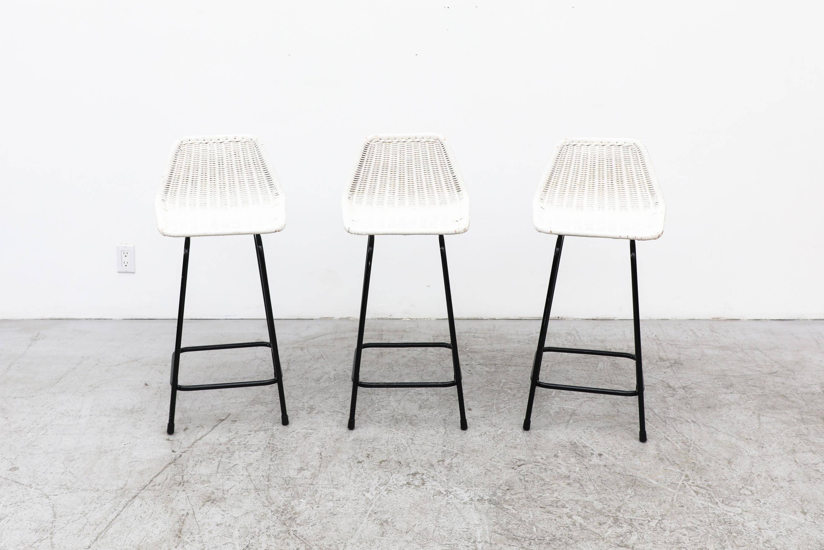 Woven Set of 4 White Wicker Charlotte Perriand Style Counter Height Stools For Sale
