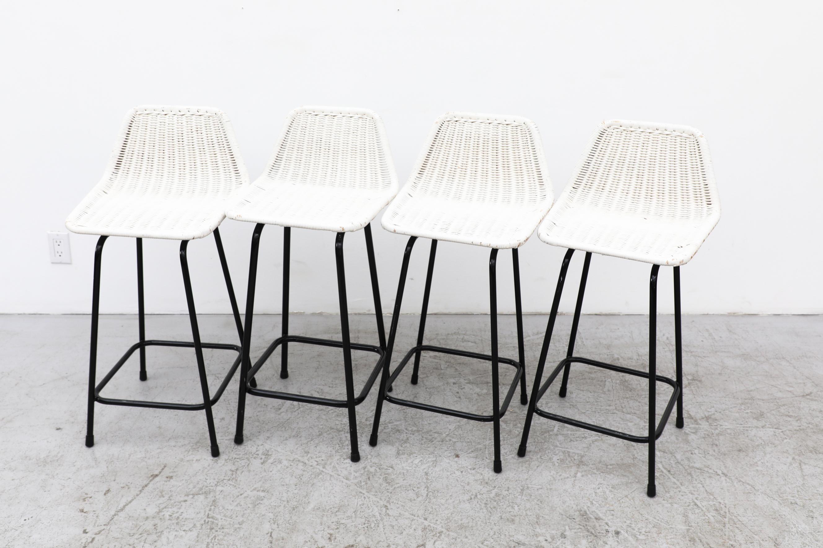 Late 20th Century Set of 4 White Wicker Charlotte Perriand Style Counter Height Stools For Sale