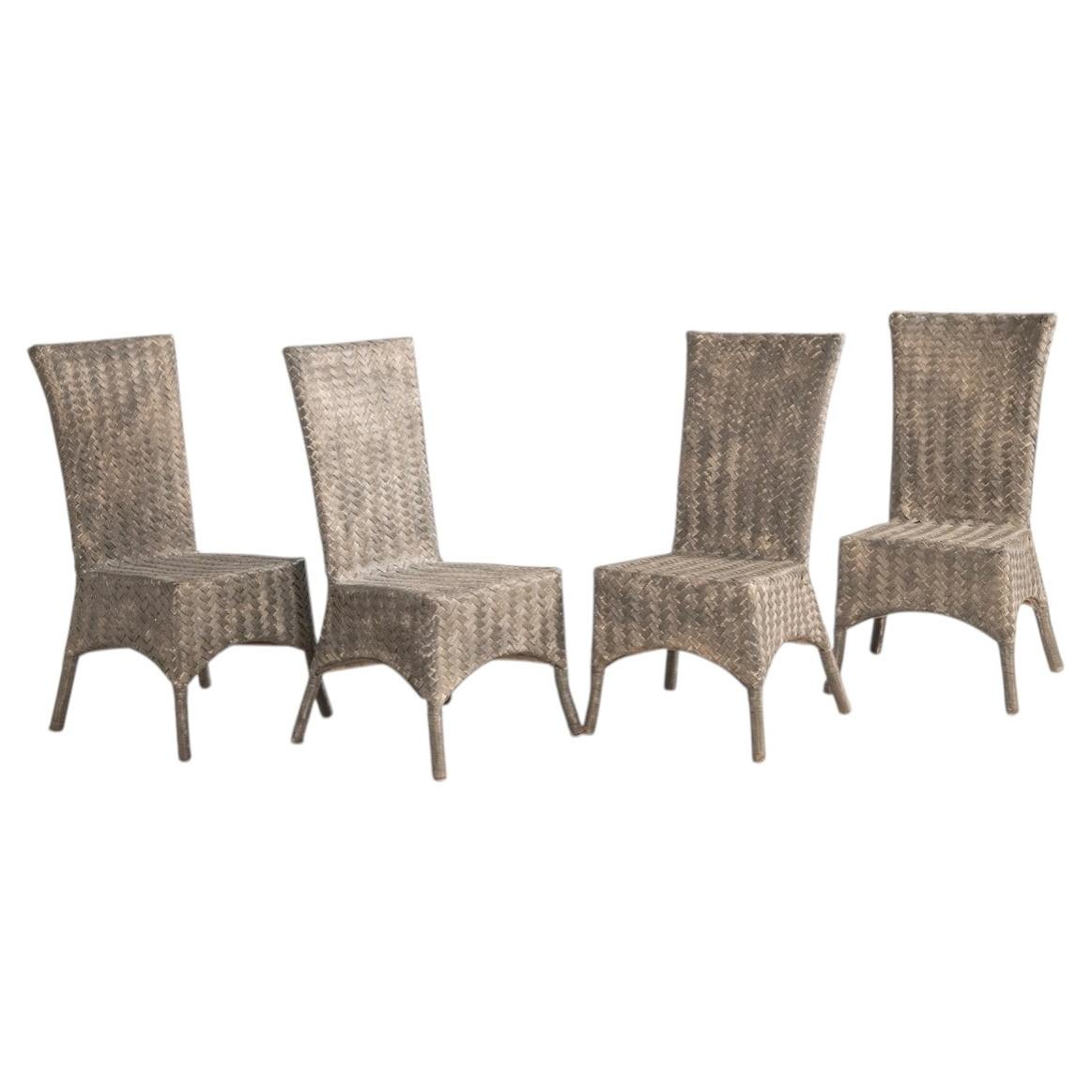 Set of Four Whitewashed Rattan Chairs, Mid-Century Modern, 1970s For Sale