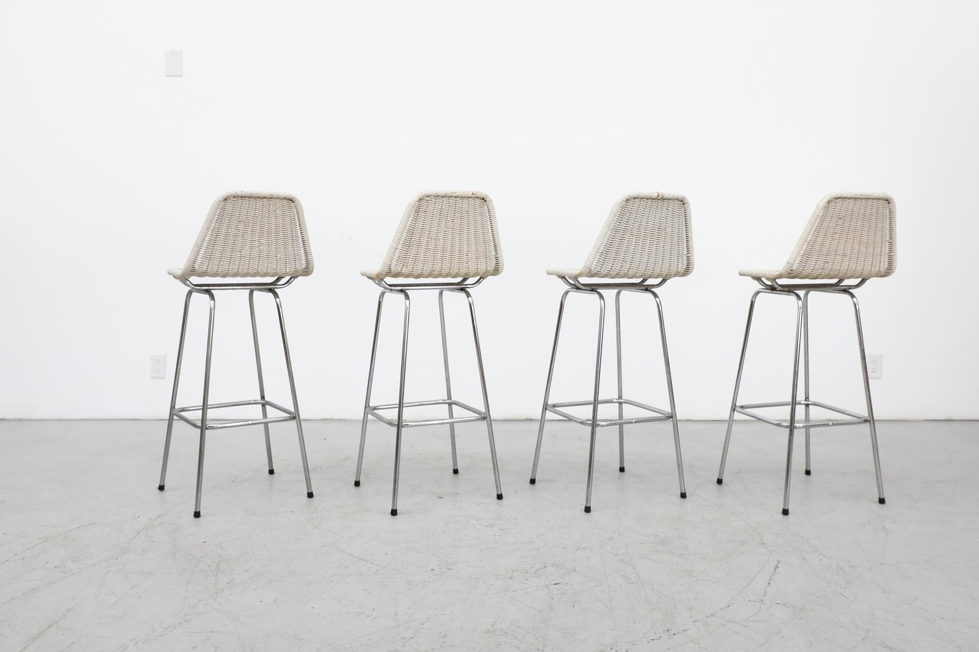 Mid-Century Modern Set of 4 Charlotte Perriand Style Wicker Bar Height Stools with Chrome Legs For Sale