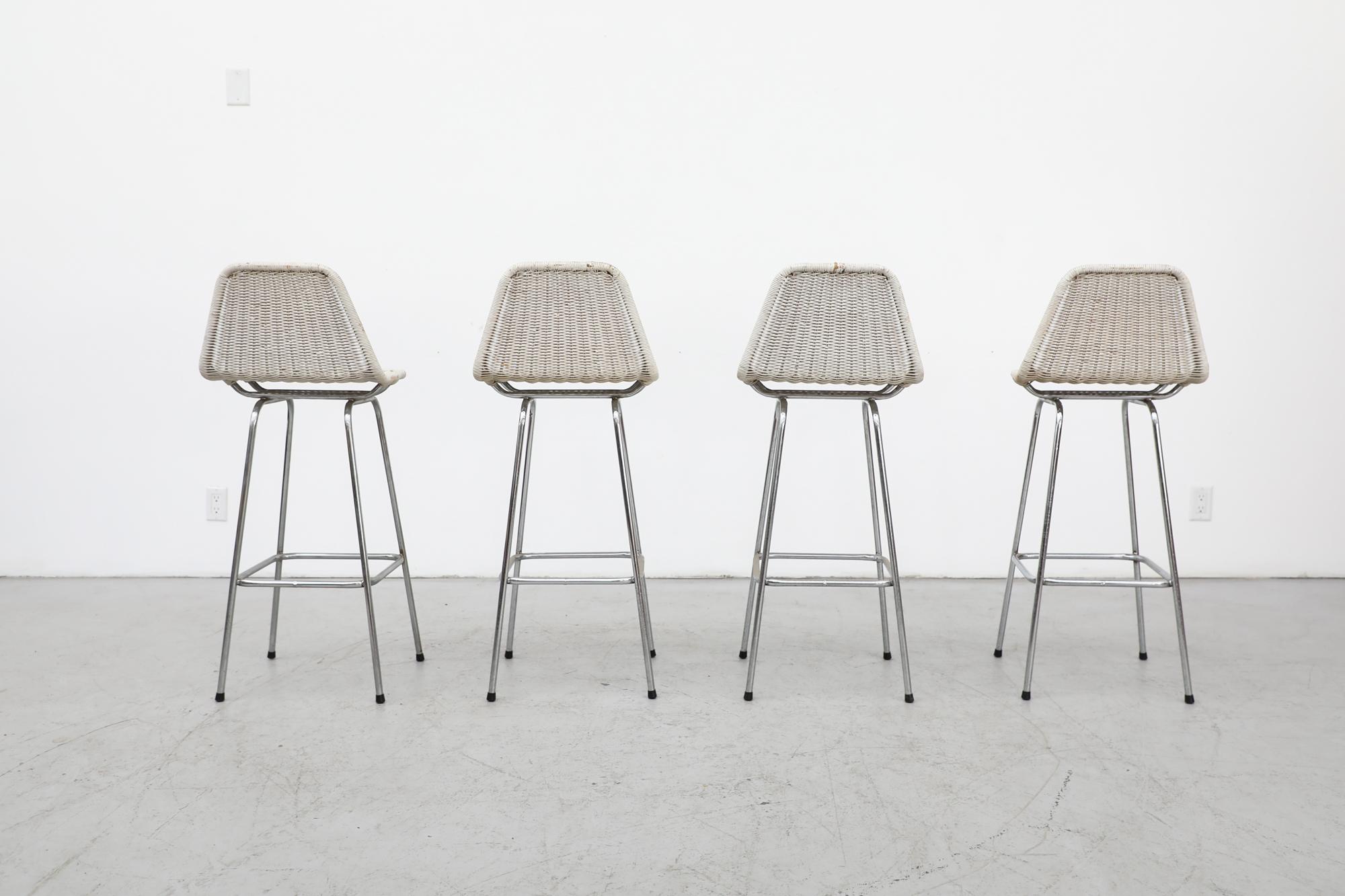 Dutch Set of 4 Charlotte Perriand Style White Rattan Bar Height Stools w/ Chrome Legs For Sale