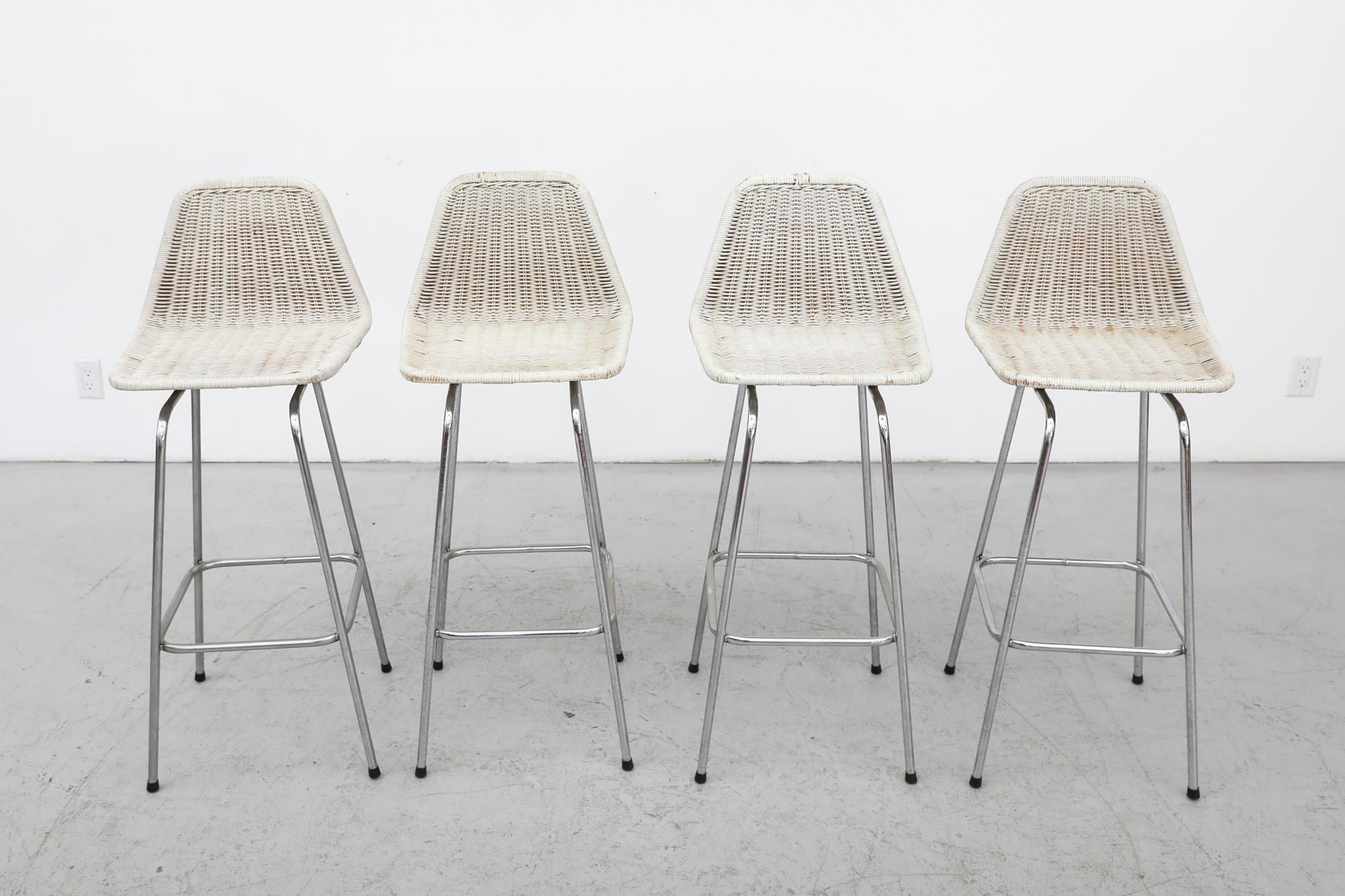 Set of 4 Charlotte Perriand Style Wicker Bar Height Stools with Chrome Legs In Good Condition For Sale In Los Angeles, CA