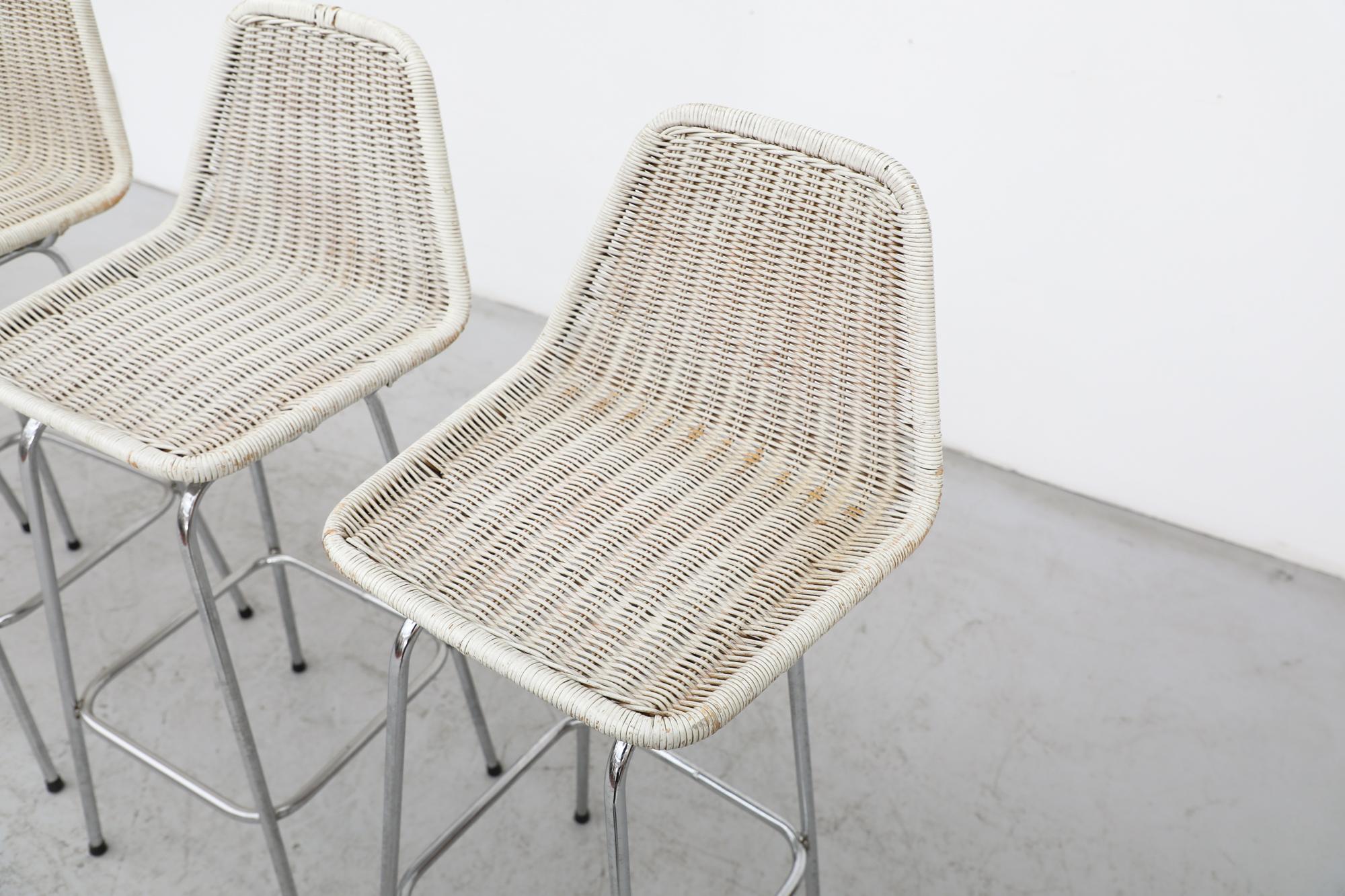 Late 20th Century Set of 4 Charlotte Perriand Style Wicker Bar Height Stools with Chrome Legs For Sale