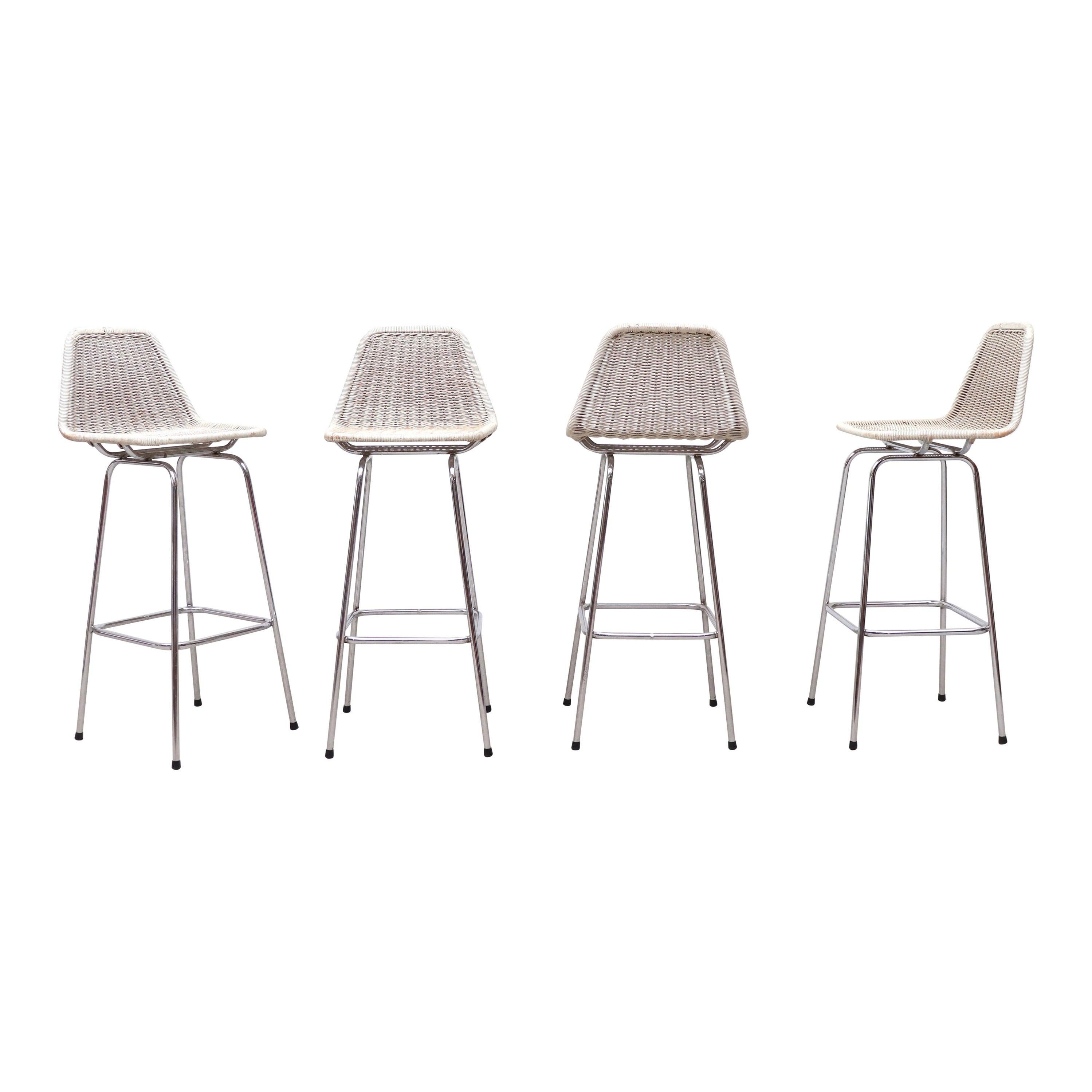 Set of 4 Charlotte Perriand Style Wicker Bar Height Stools with Chrome Legs For Sale