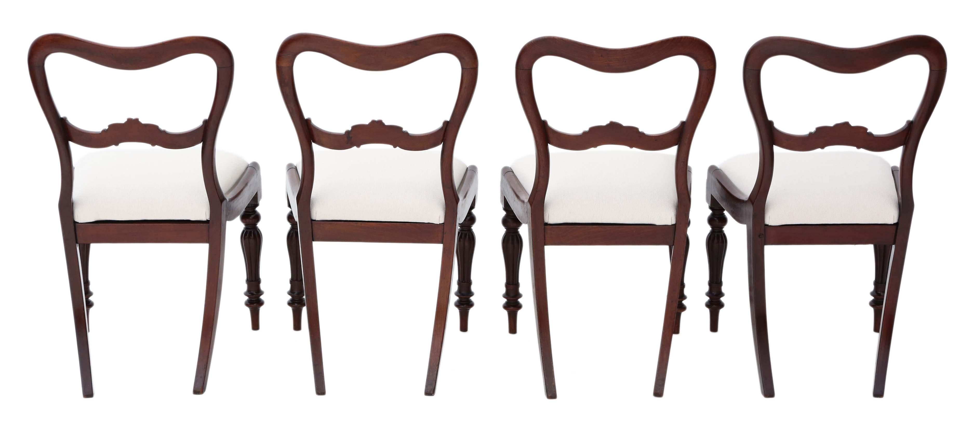 Antique quality set of 4 William IV mahogany balloon back dining chairs, circa 1835.
Solid, with no loose joints. Lovely elegant design.
Recent upholstery in a heavy weight upholstery fabric, with an off white color.
Overall maximum