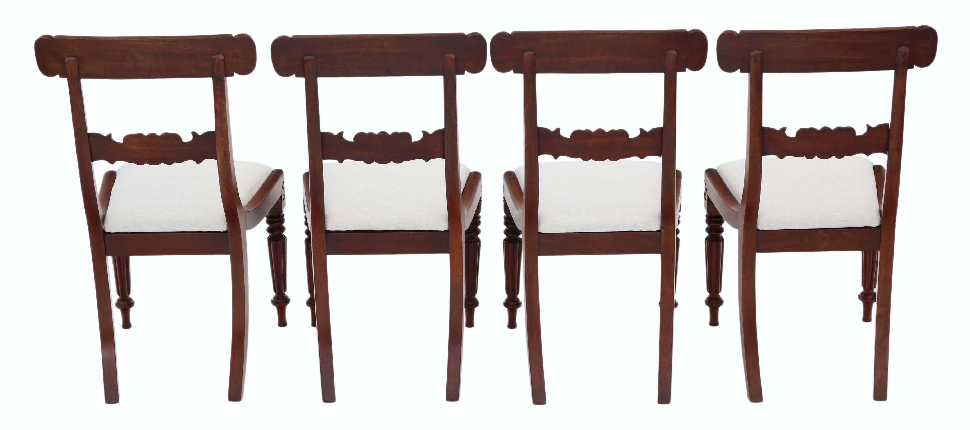 Antique quality set of 4 William IV carved mahogany dining chairs.
Date from circa 1835 with great Mellon fluted legs.
Solid, heavy and strong with no loose joints.
Recent upholstery in a heavy weight upholstery fabric, with a natural, light