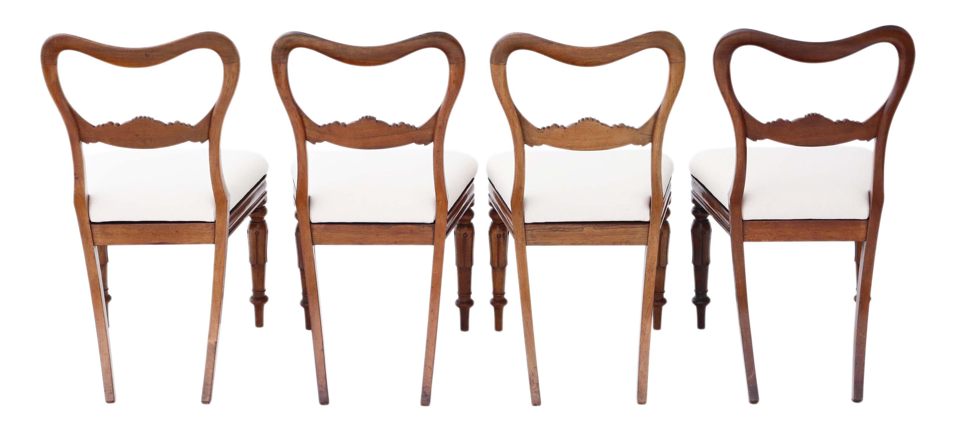Antique quality set of 4 William IV rosewood balloon back dining chairs, circa 1835.
Solid, with no loose joints. Lovely simple elegant design.
Recent upholstery in a heavy weight upholstery fabric, with an off white color.
Overall maximum
