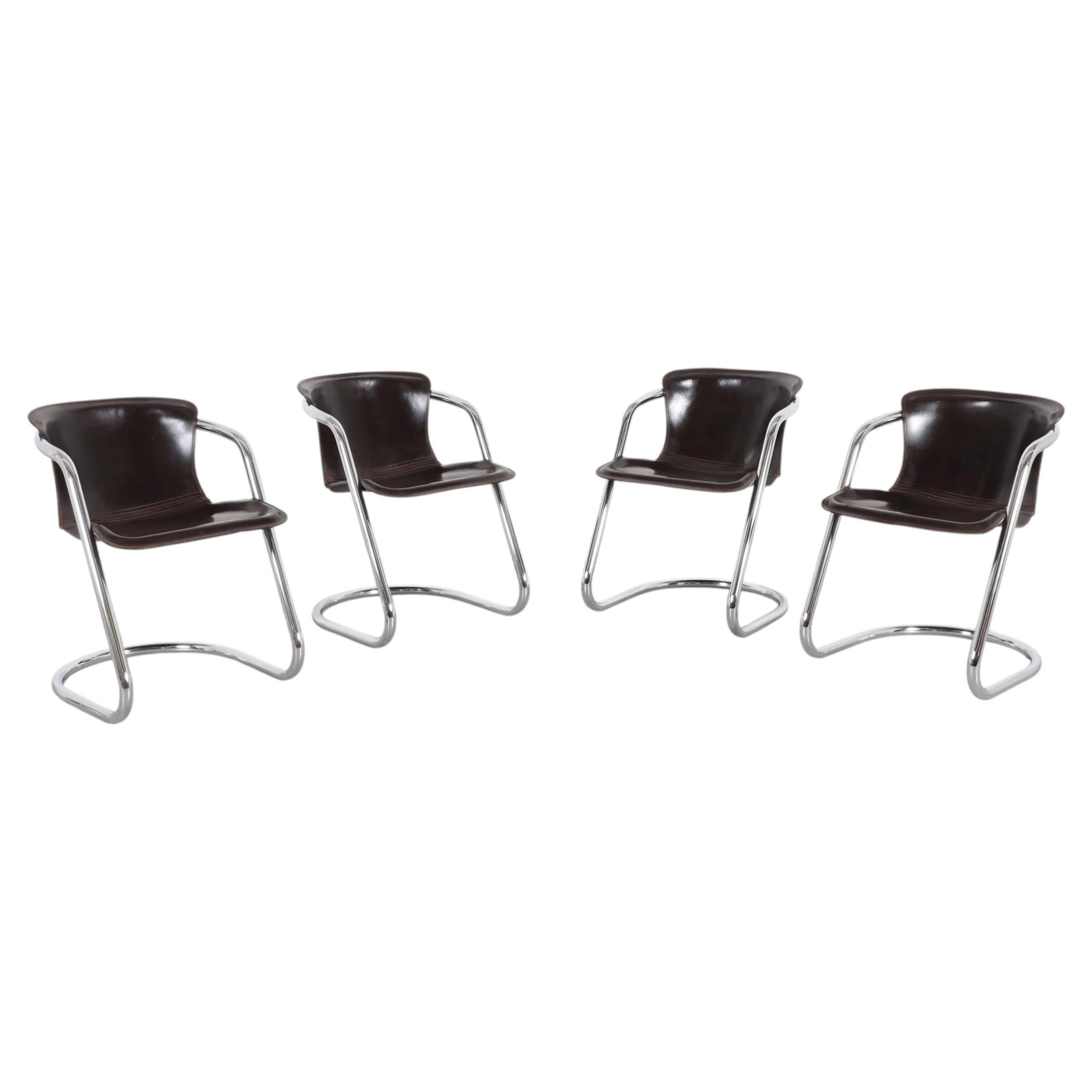 Lot de 4 chaises attribuées à Willy Rizzo, en chrome et cuir marron foncé, Cidue