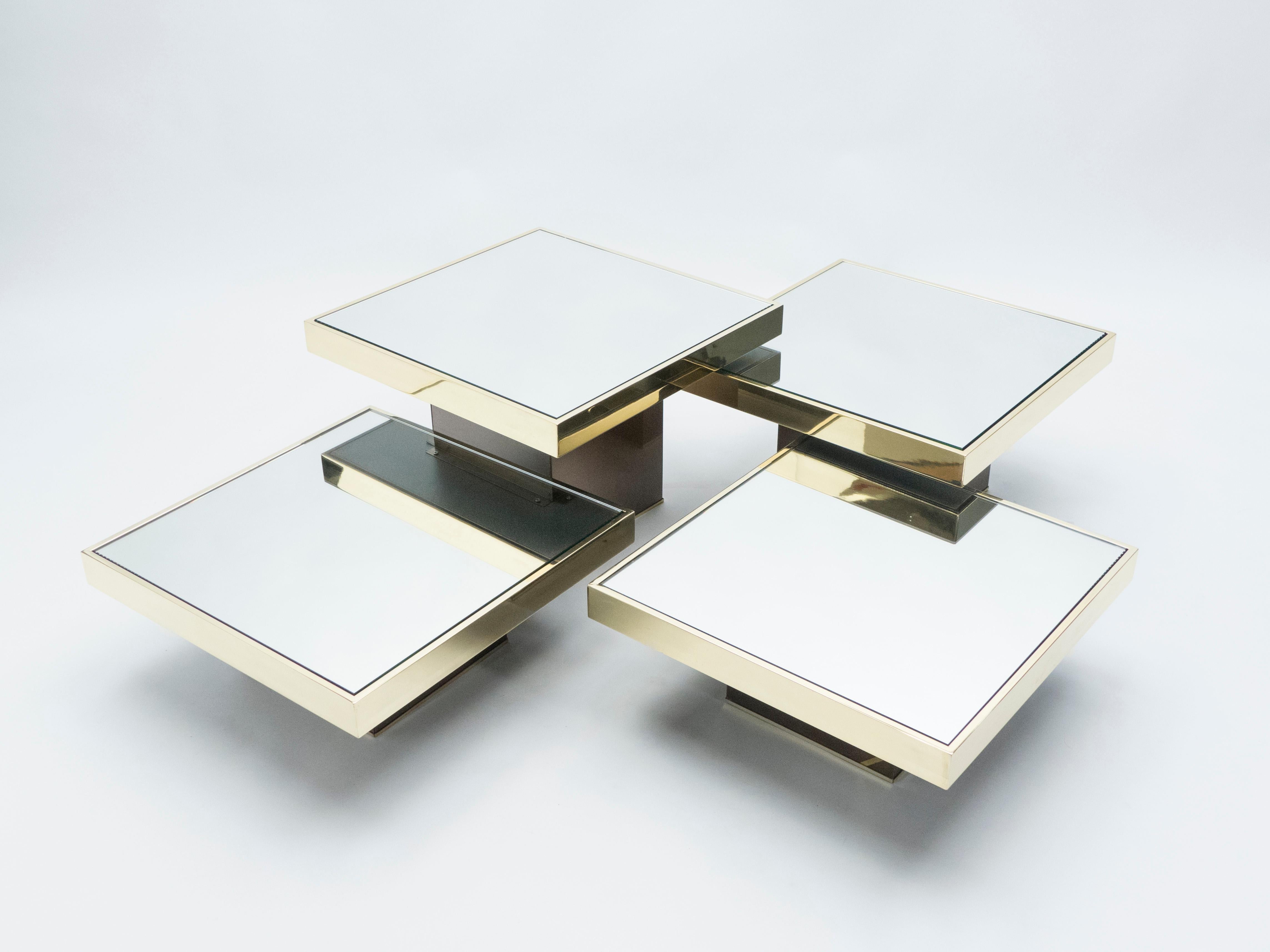 Mid-Century Modern Set of 4 Willy Rizzo Brass Mirrored Coffee Tables, 1970s