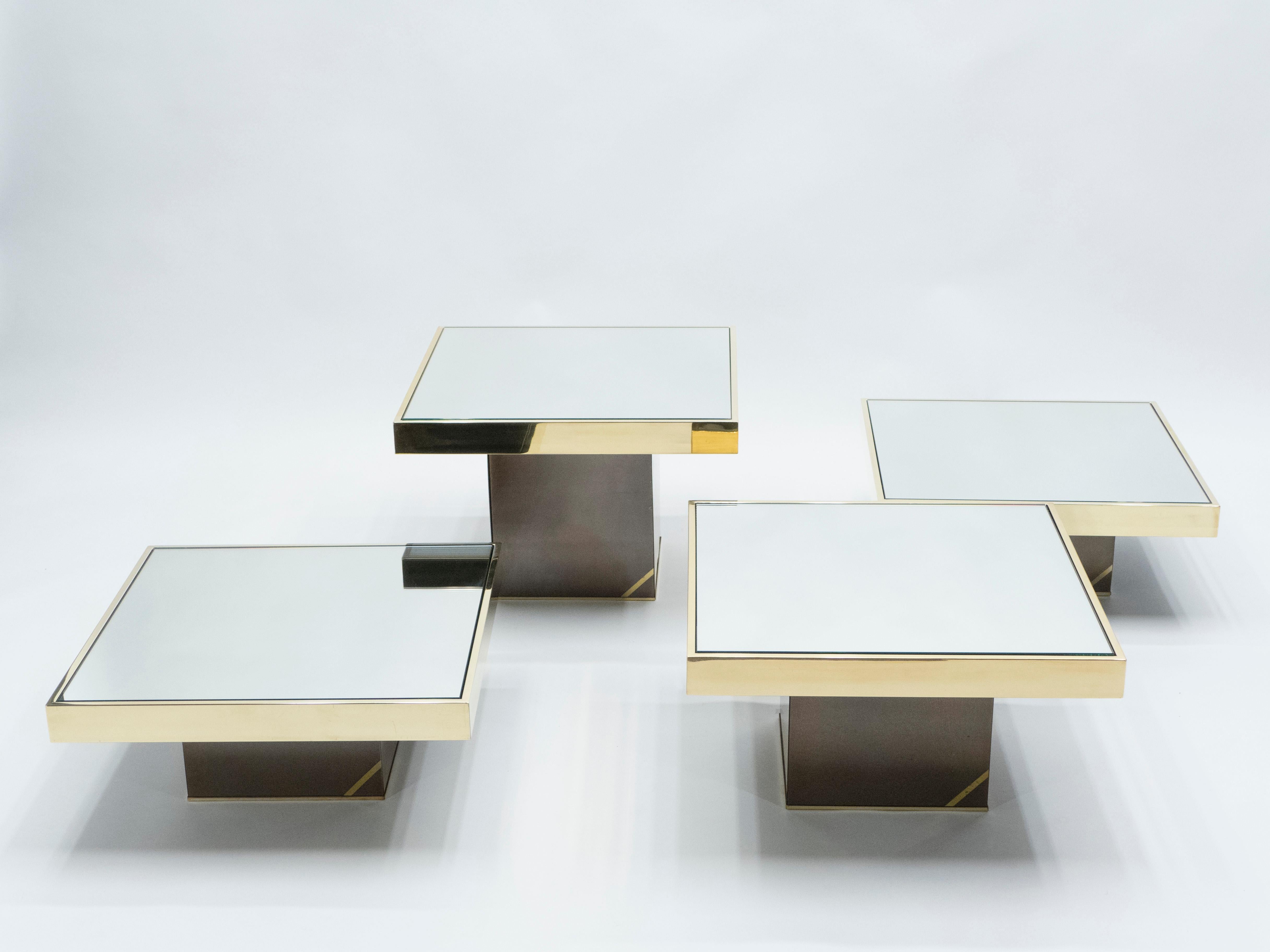 Italian Set of 4 Willy Rizzo Brass Mirrored Coffee Tables, 1970s