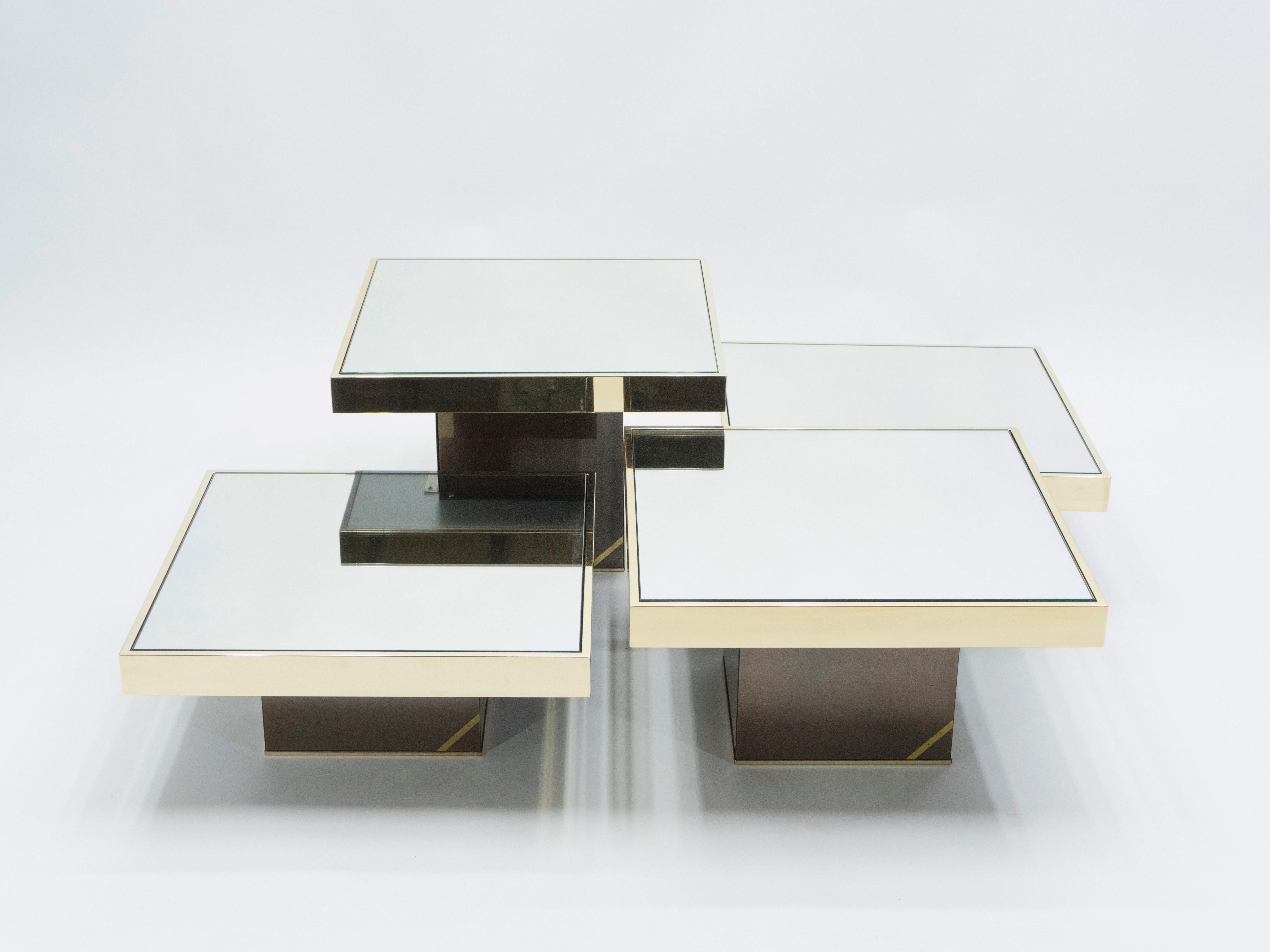 Set of 4 Willy Rizzo Brass Mirrored Coffee Tables, 1970s In Good Condition In Paris, IDF