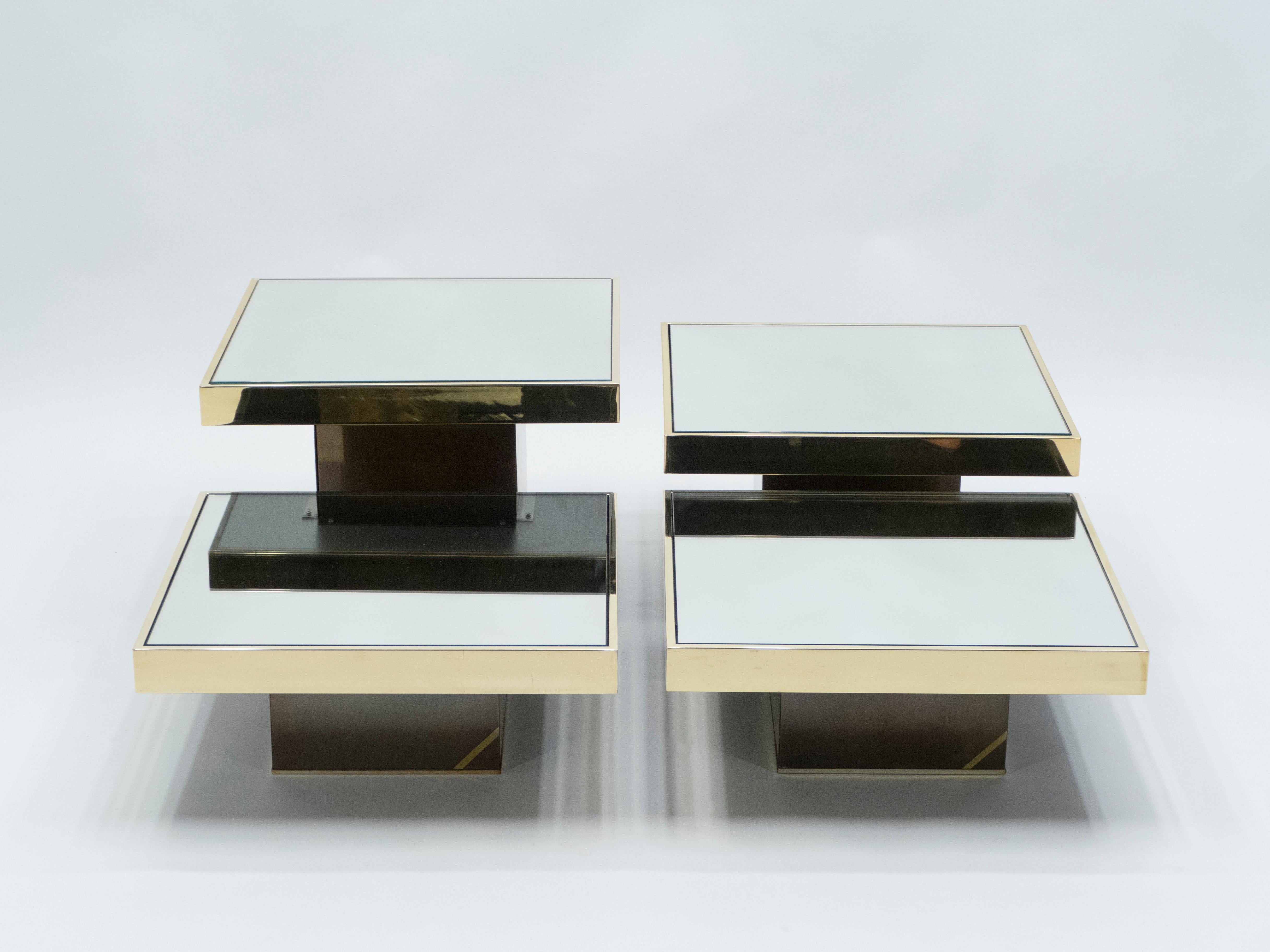 Set of 4 Willy Rizzo Brass Mirrored Coffee Tables, 1970s 1