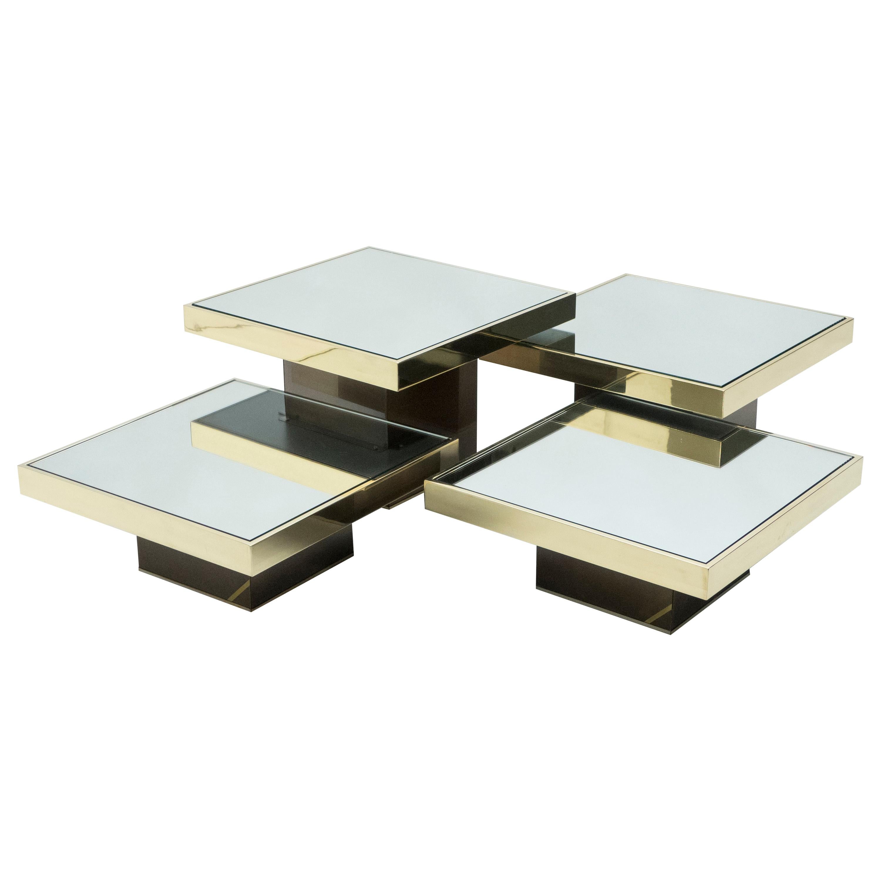 Set of 4 Willy Rizzo Brass Mirrored Coffee Tables, 1970s