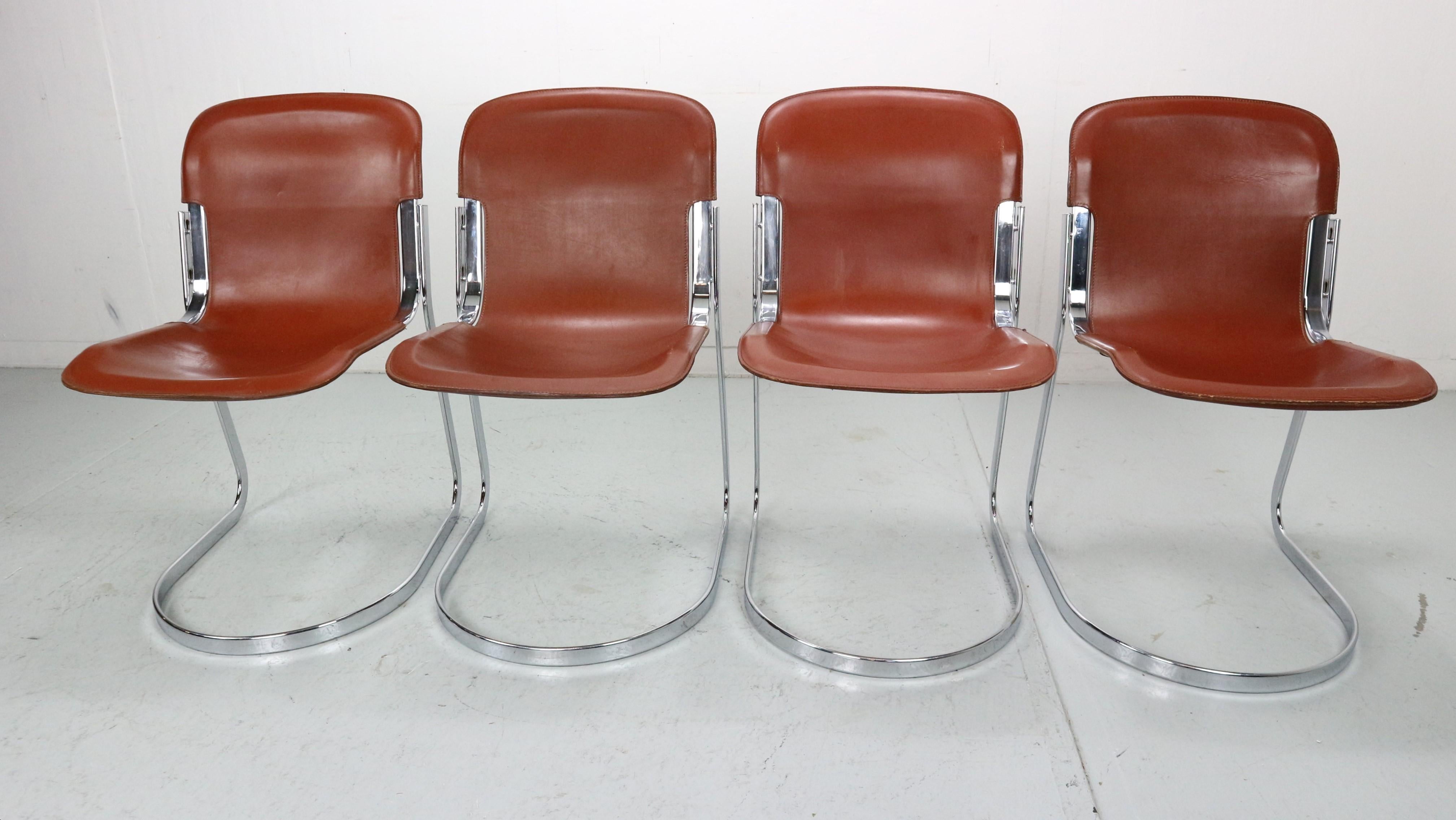 Mid-Century Modern Set of 4 Willy Rizzo chairs in Chrome and Leather for Cidue, Italy, 1970s