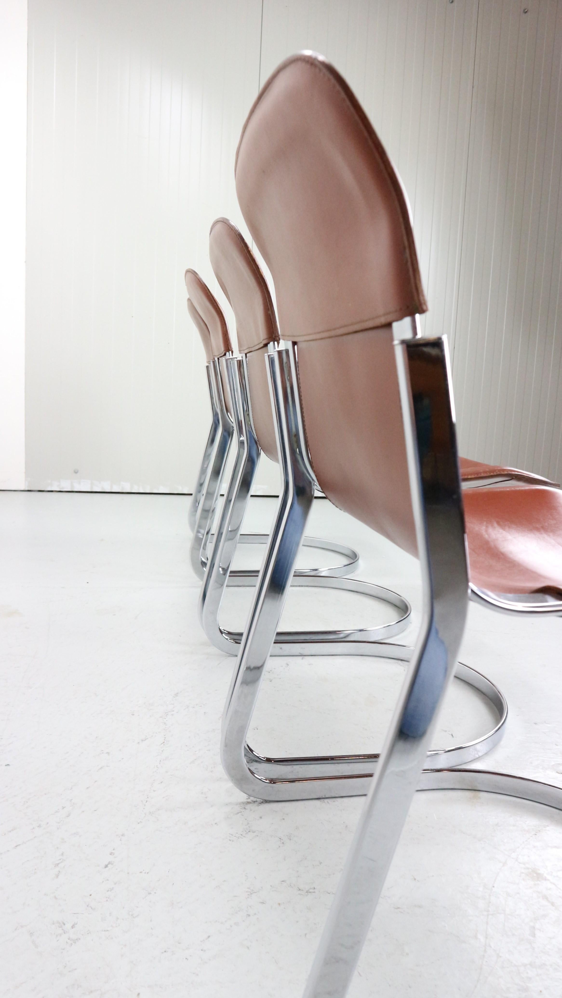 Italian Set of 4 Willy Rizzo chairs in Chrome and Leather for Cidue, Italy, 1970s