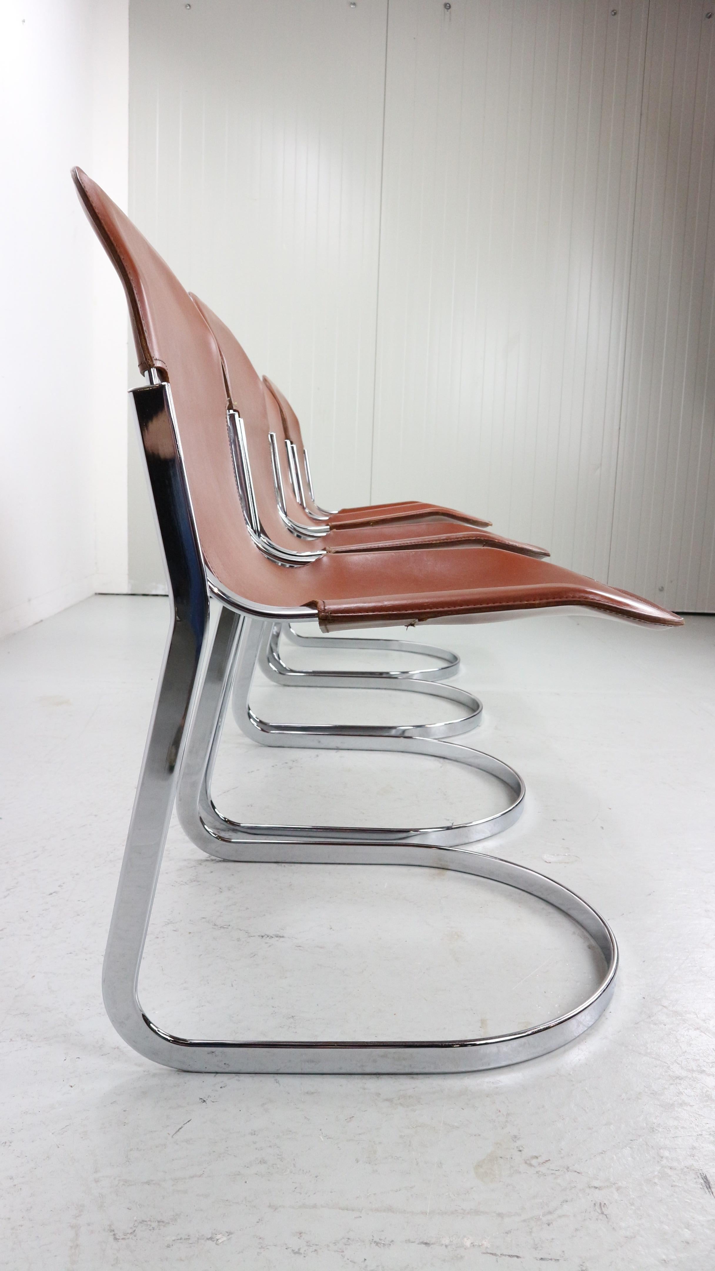 Set of 4 Willy Rizzo chairs in Chrome and Leather for Cidue, Italy, 1970s In Good Condition In The Hague, NL