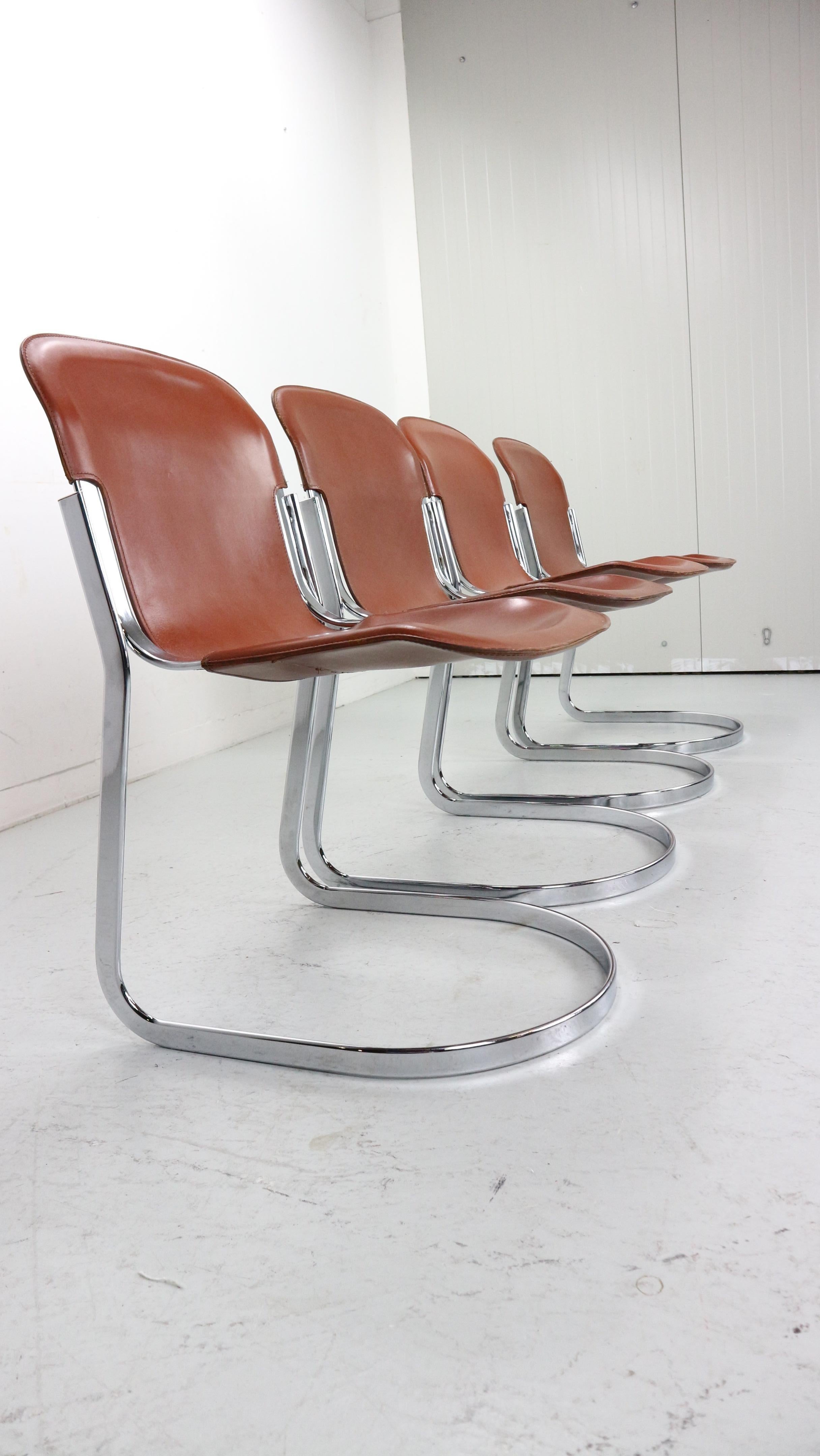 20th Century Set of 4 Willy Rizzo chairs in Chrome and Leather for Cidue, Italy, 1970s