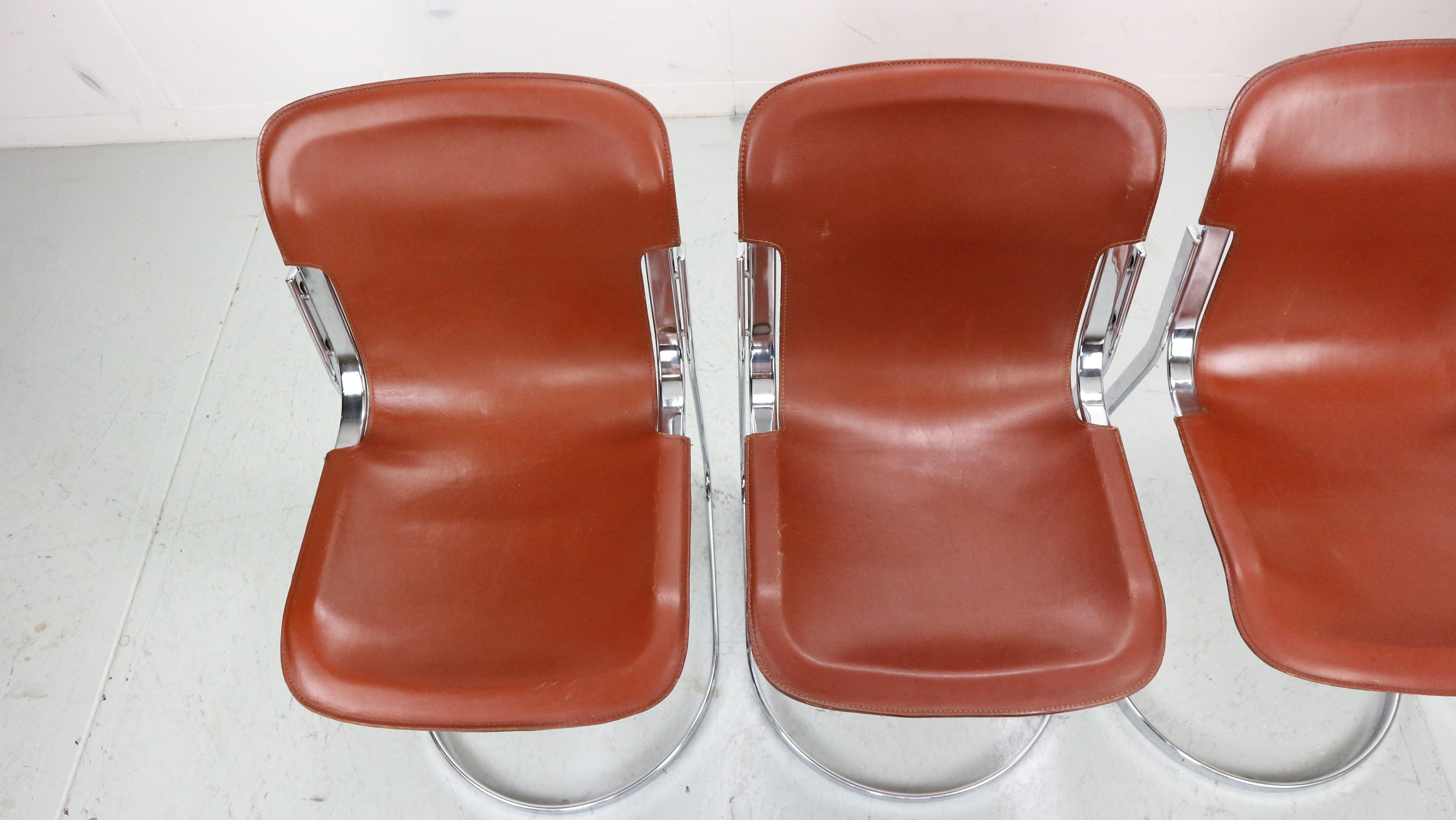 Set of 4 Willy Rizzo chairs in Chrome and Leather for Cidue, Italy, 1970s 1