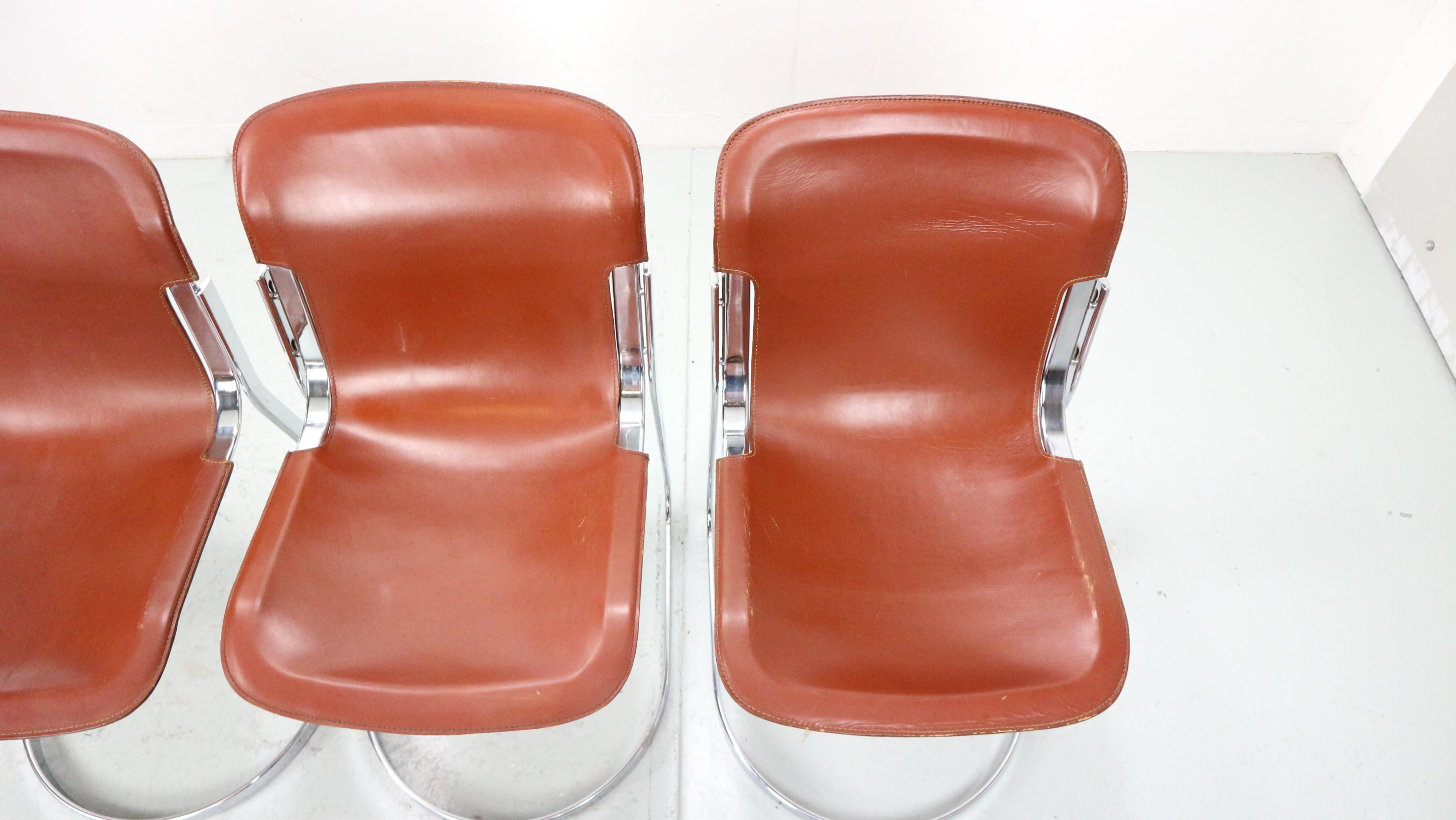 Set of 4 Willy Rizzo chairs in Chrome and Leather for Cidue, Italy, 1970s 2