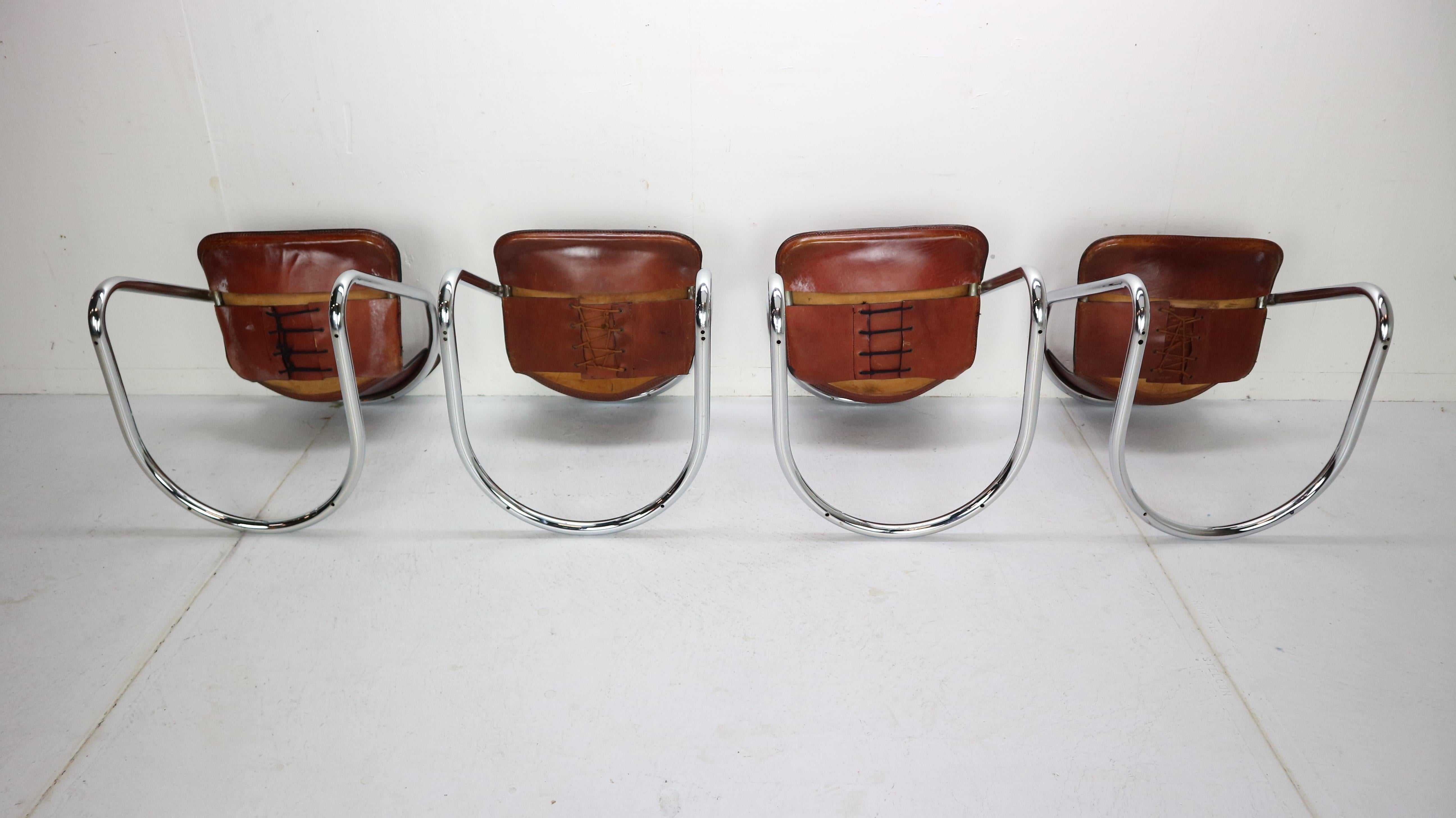 Set of 4 Willy Rizzo Leather Dining Chairs for Cidue, 1970s, Italy 3