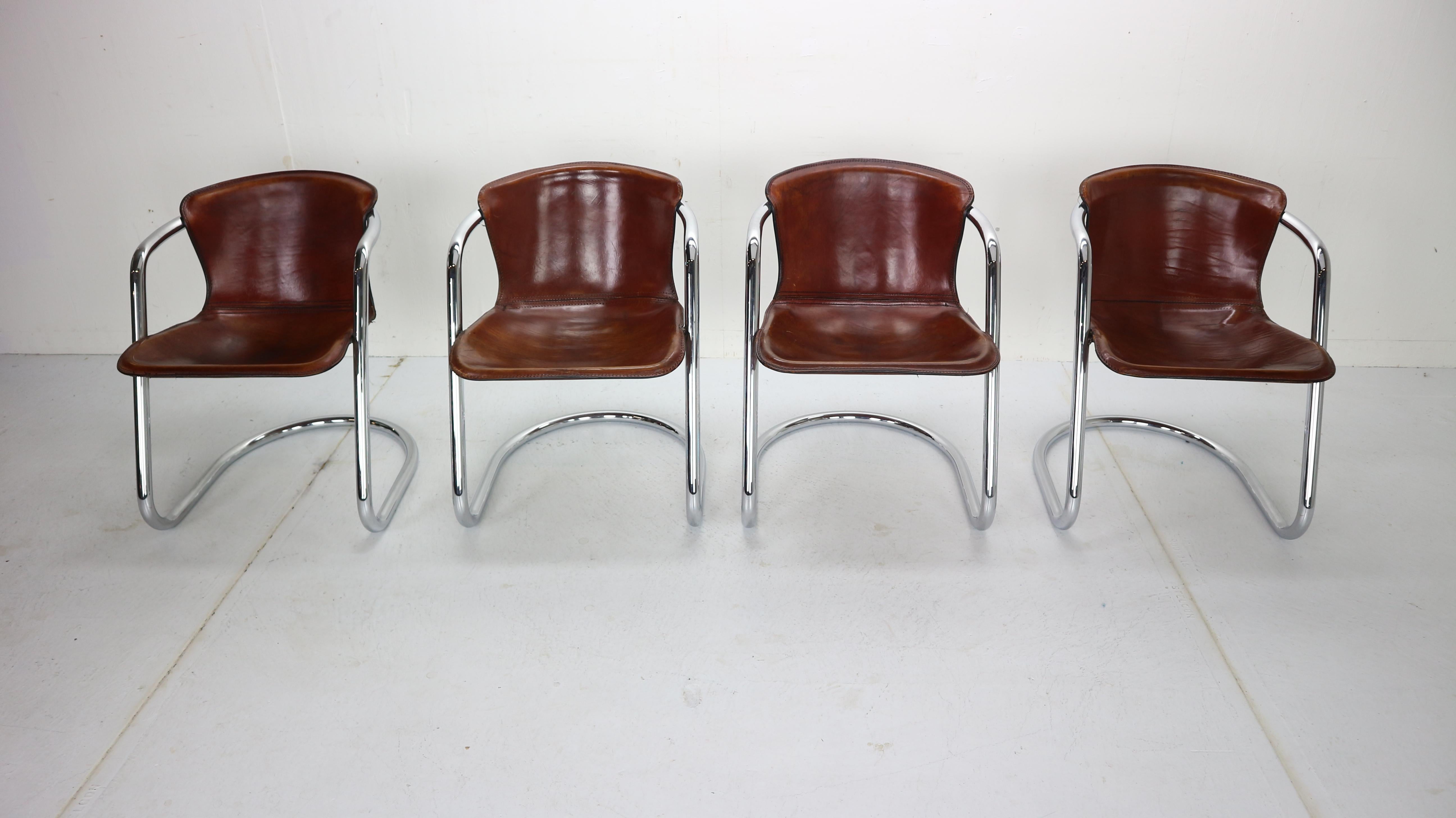 Mid-Century Modern Set of 4 Willy Rizzo Leather Dining Chairs for Cidue, 1970s, Italy