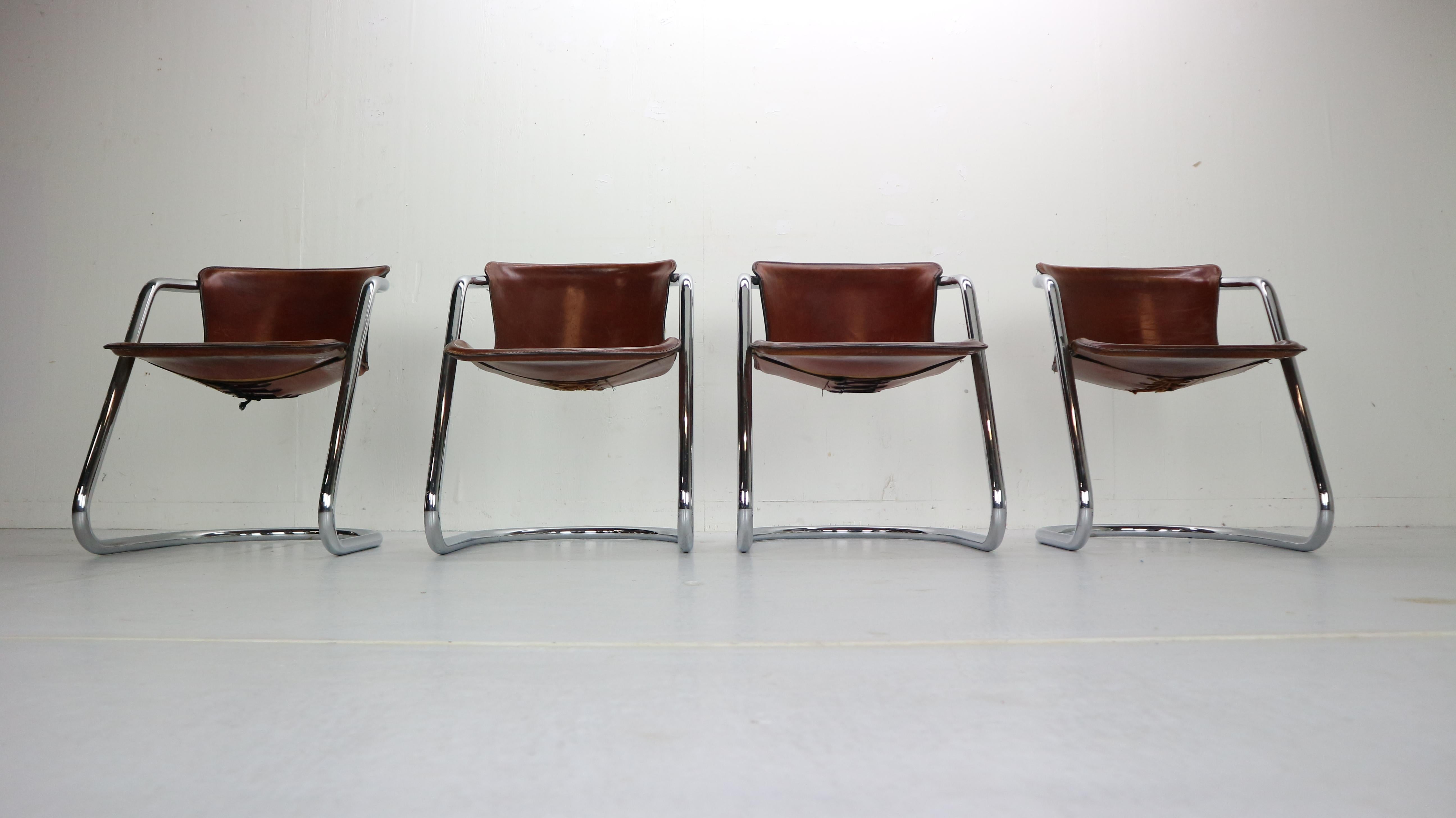 Italian Set of 4 Willy Rizzo Leather Dining Chairs for Cidue, 1970s, Italy