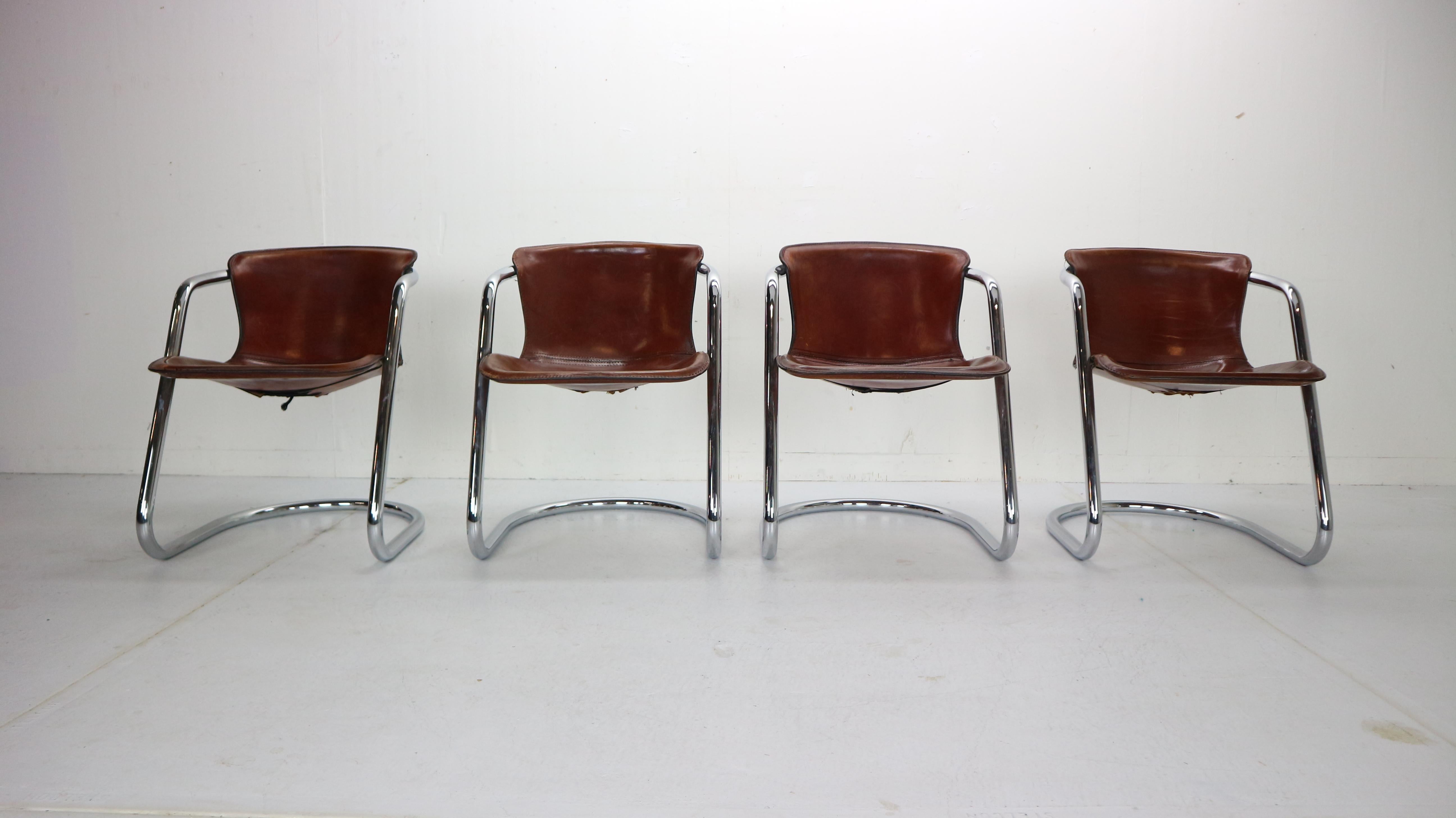 Set of 4 Willy Rizzo Leather Dining Chairs for Cidue, 1970s, Italy In Good Condition In The Hague, NL