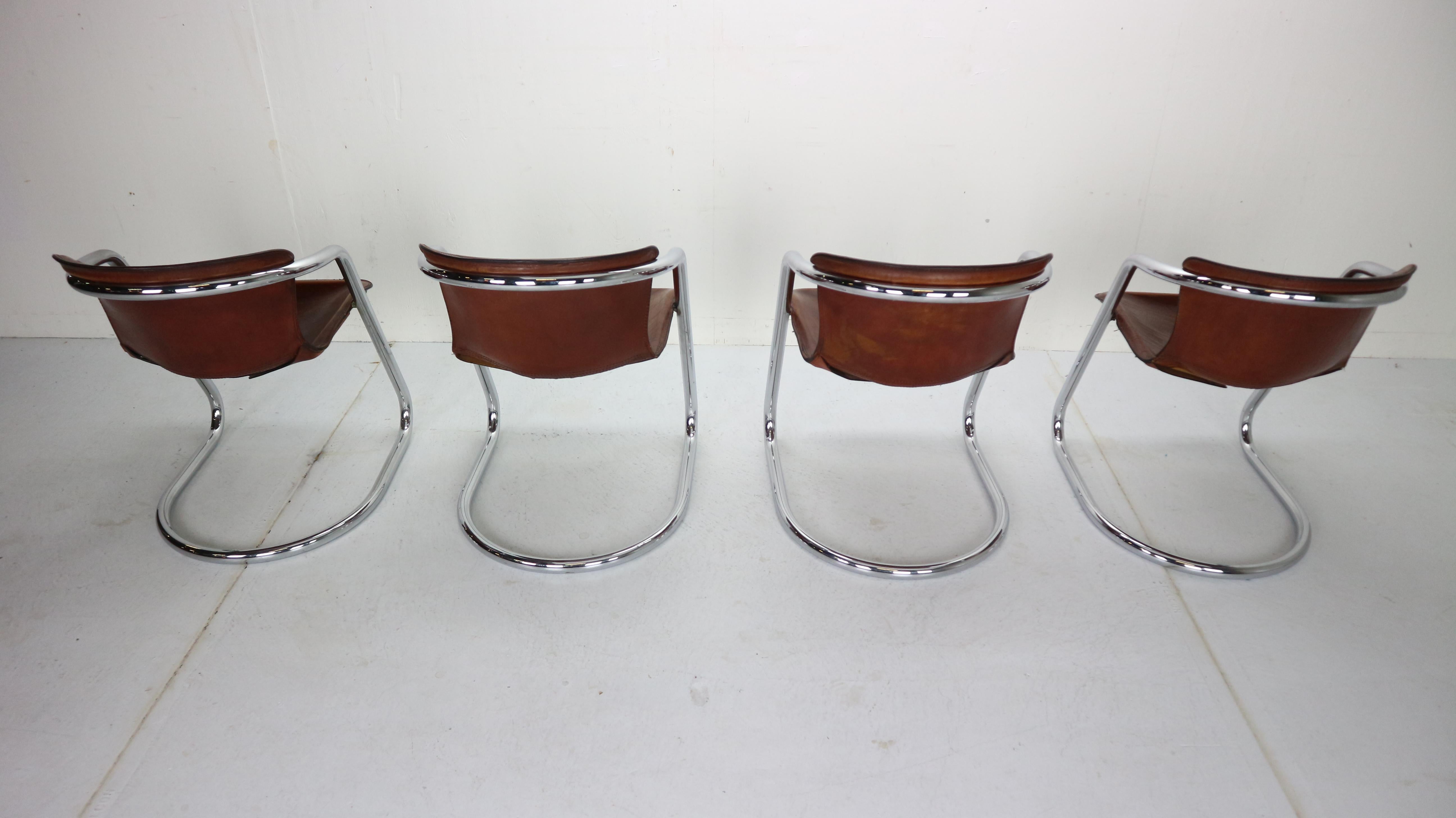 Steel Set of 4 Willy Rizzo Leather Dining Chairs for Cidue, 1970s, Italy
