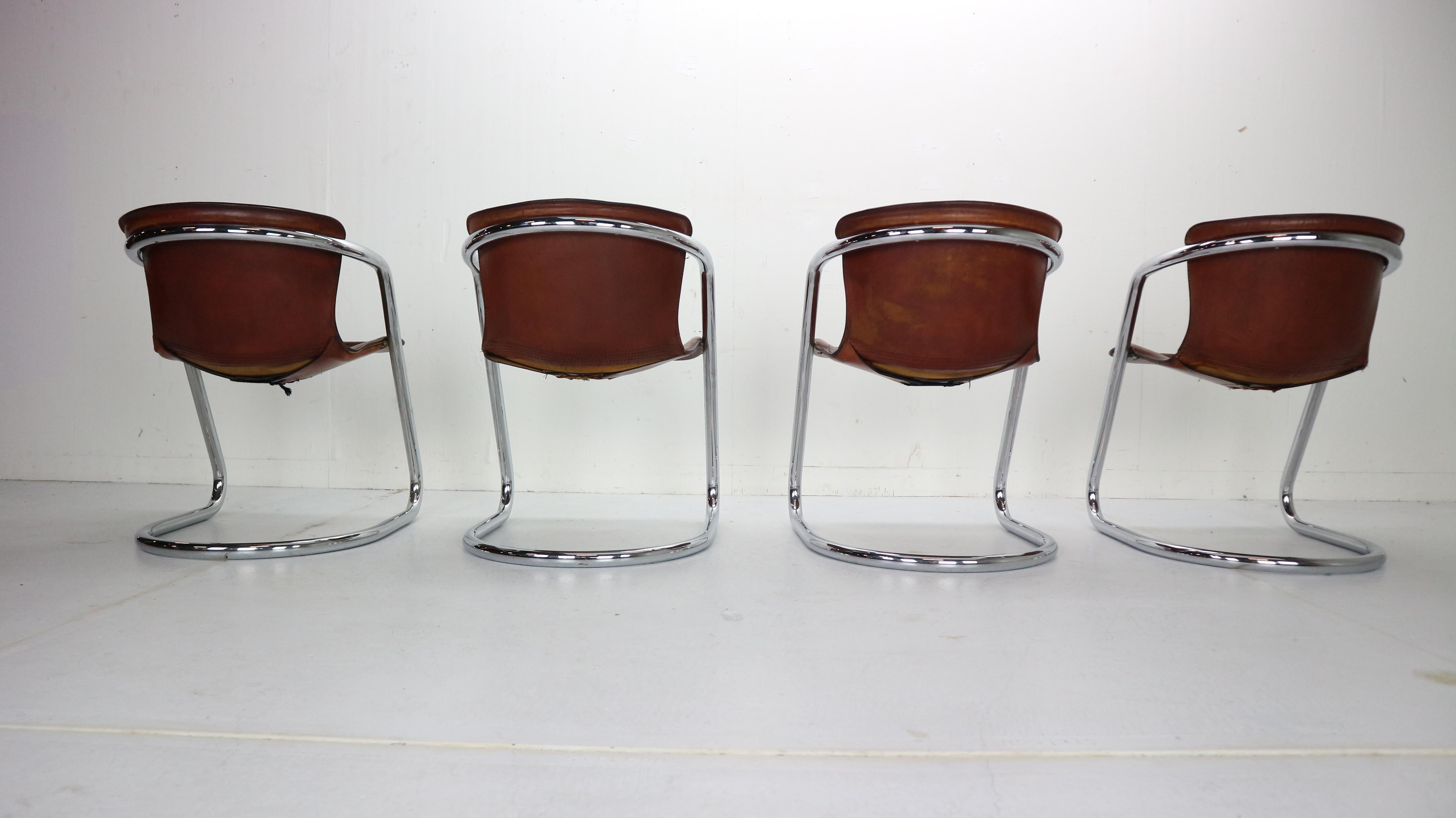 Set of 4 Willy Rizzo Leather Dining Chairs for Cidue, 1970s, Italy 1