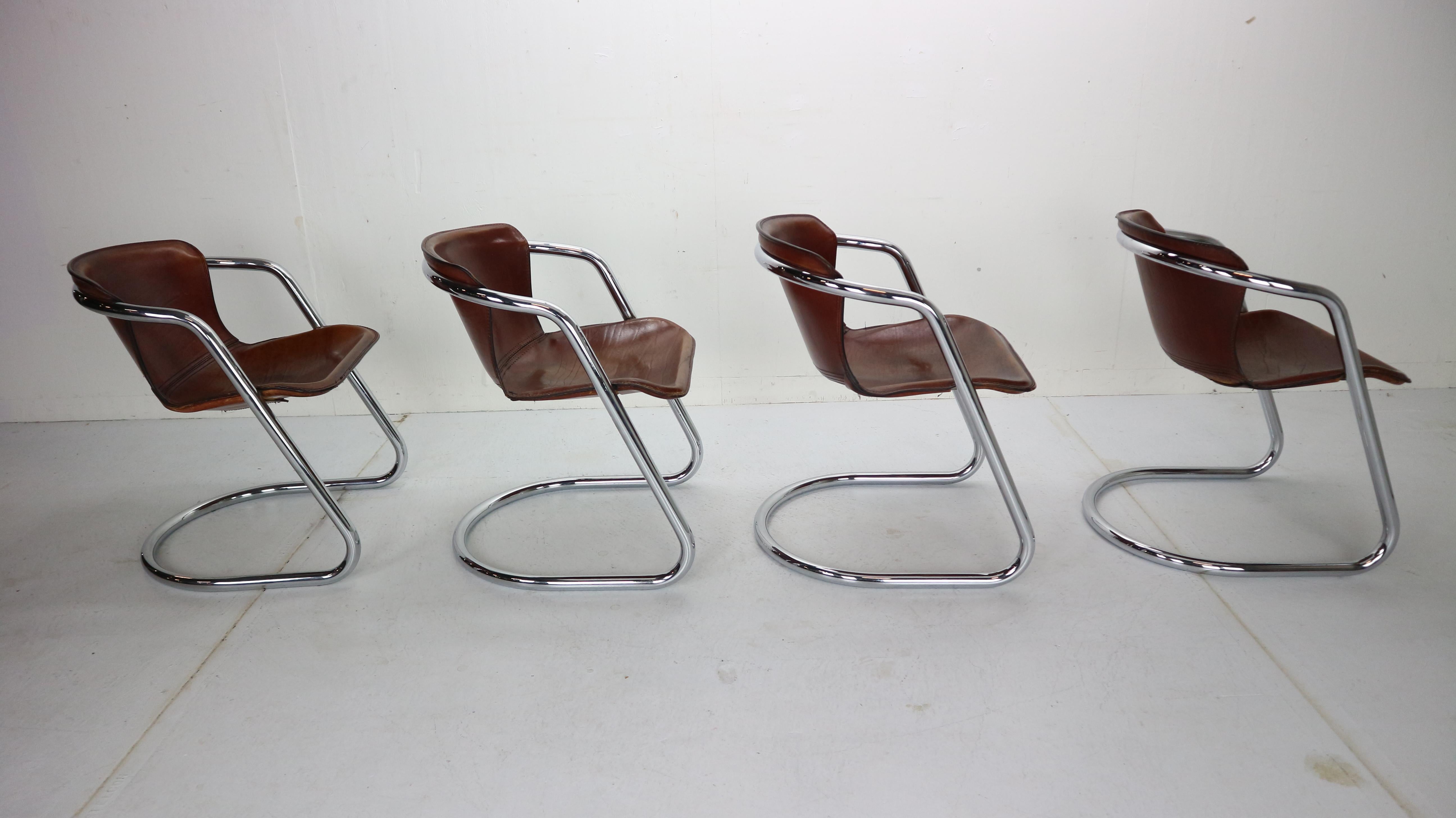 Set of 4 Willy Rizzo Leather Dining Chairs for Cidue, 1970s, Italy 2