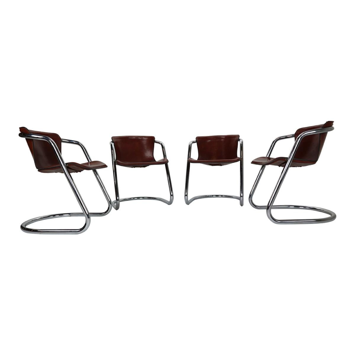 Set of 4 Willy Rizzo Leather Dining Chairs for Cidue, 1970s, Italy