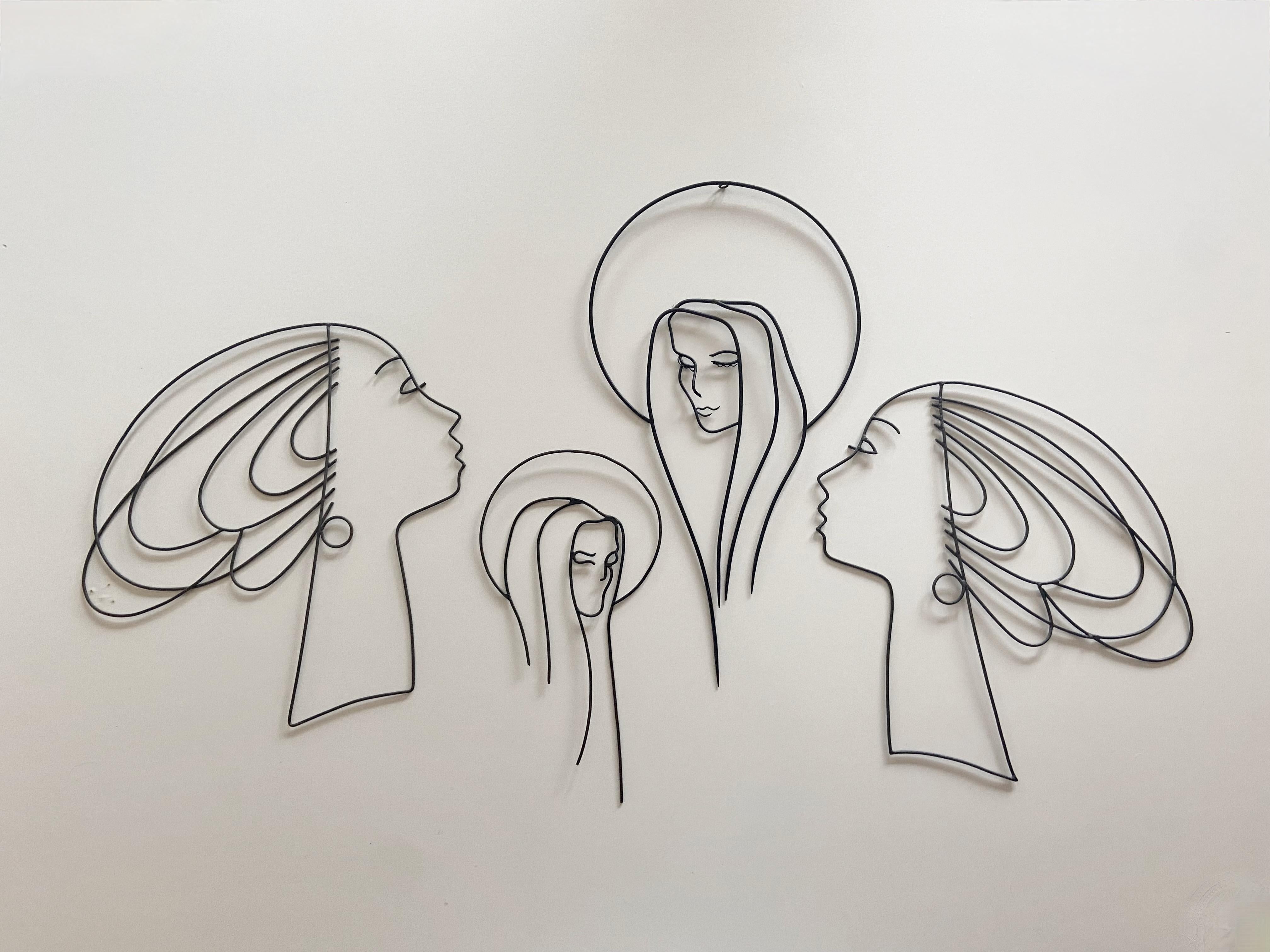 Mid-Century Modern Set of 4 Wire Wall Sculpture from the 1950s Silhouette Wire Figure Woman's Heads For Sale