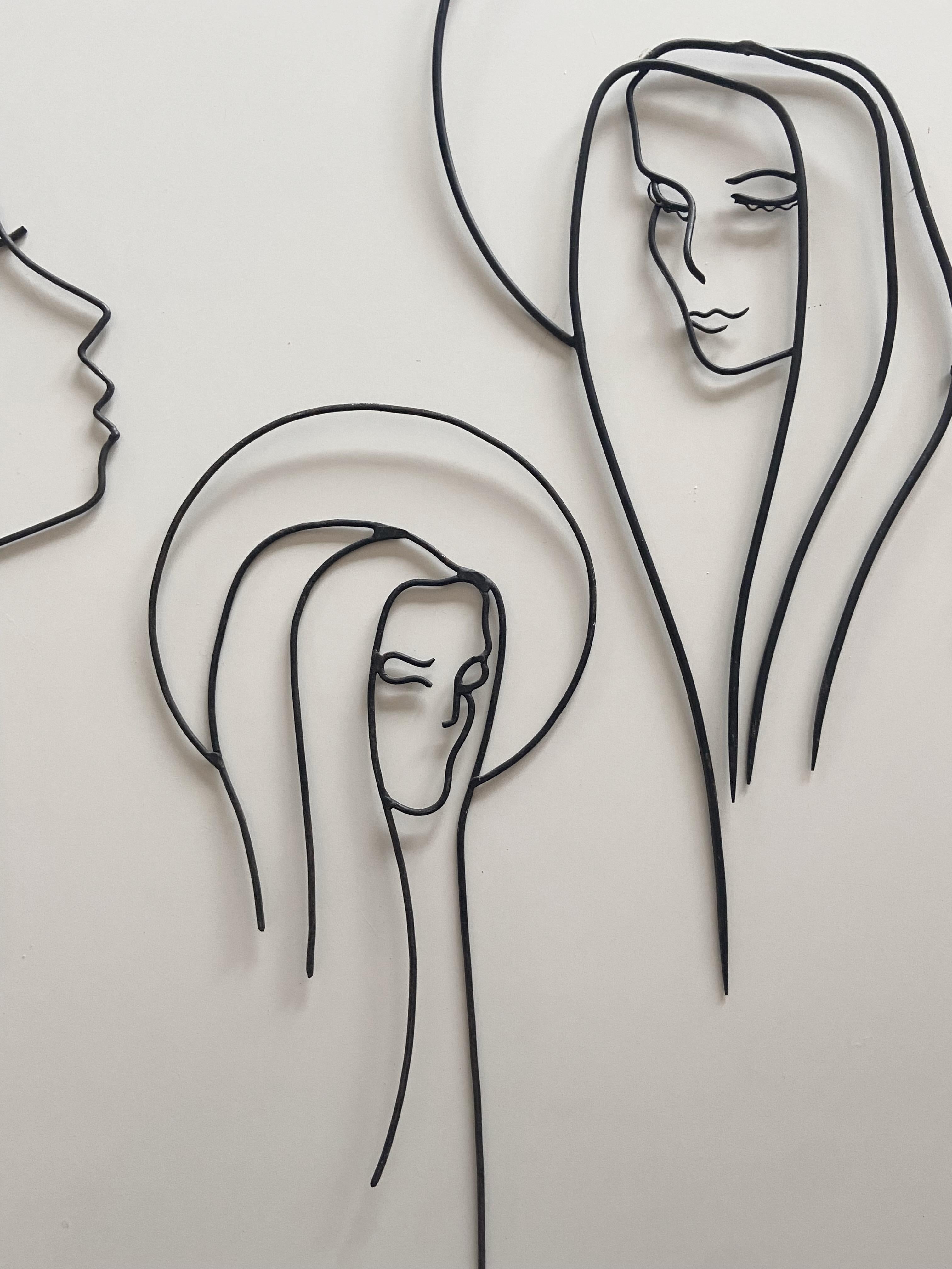 Set of 4 Wire Wall Sculpture from the 1950s Silhouette Wire Figure Woman's Heads In Good Condition For Sale In Krefeld, DE
