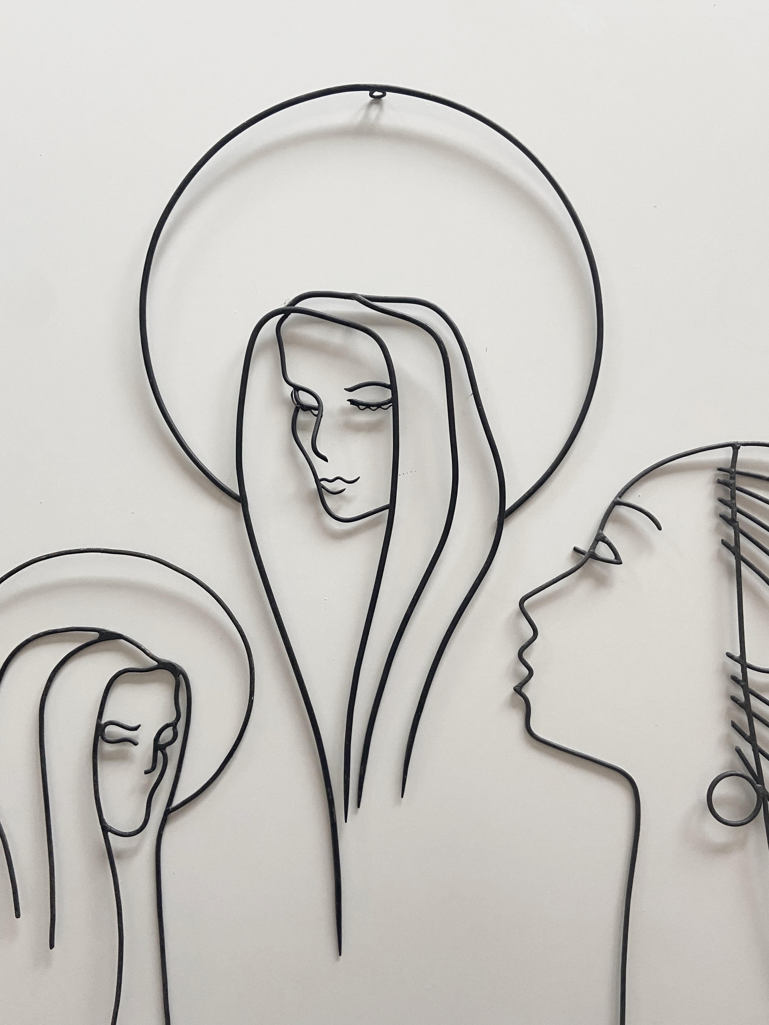 Mid-20th Century Set of 4 Wire Wall Sculpture from the 1950s Silhouette Wire Figure Woman's Heads For Sale