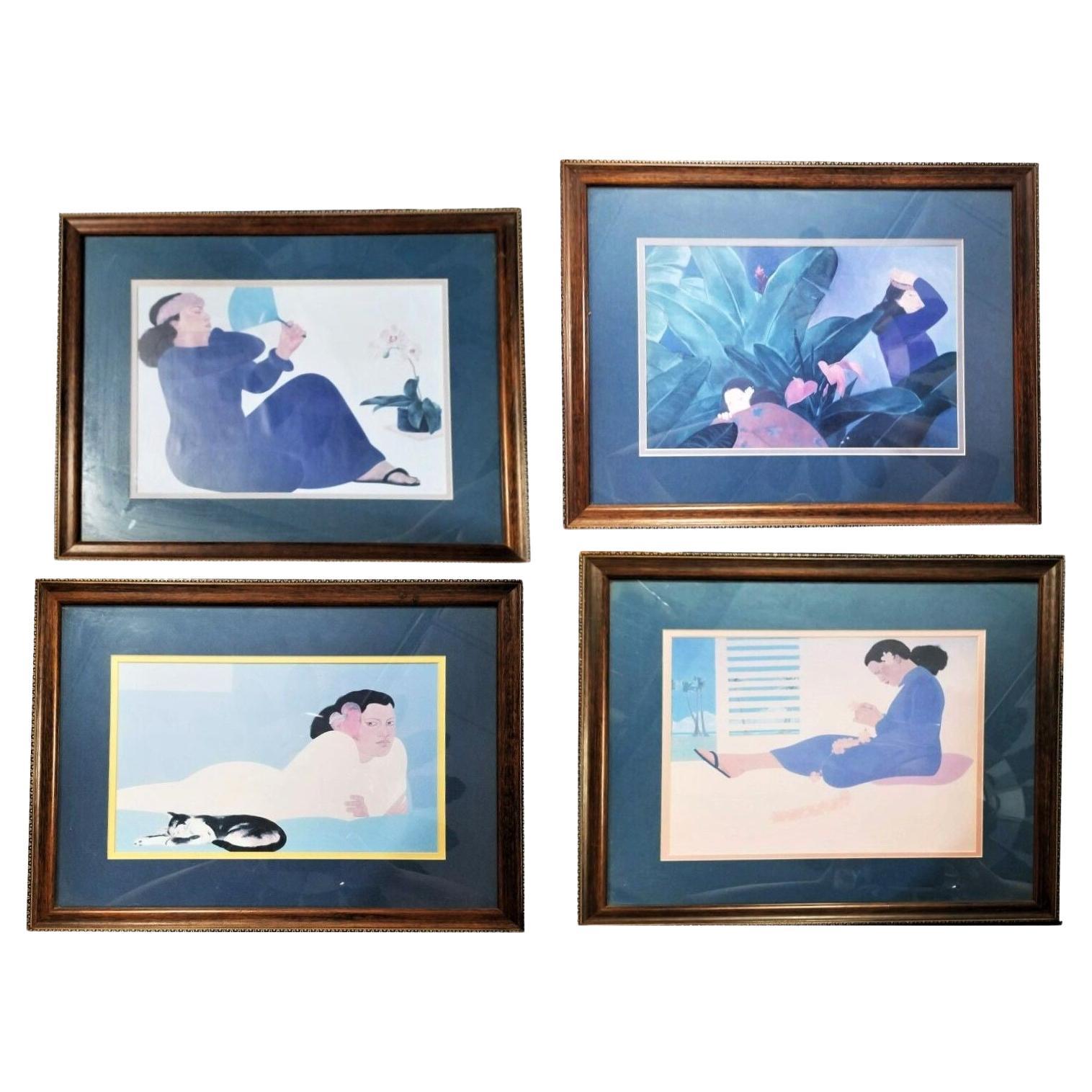 Set of 4 "Women of Hawaii" Serigraph Art Prints by Pegge Hopper